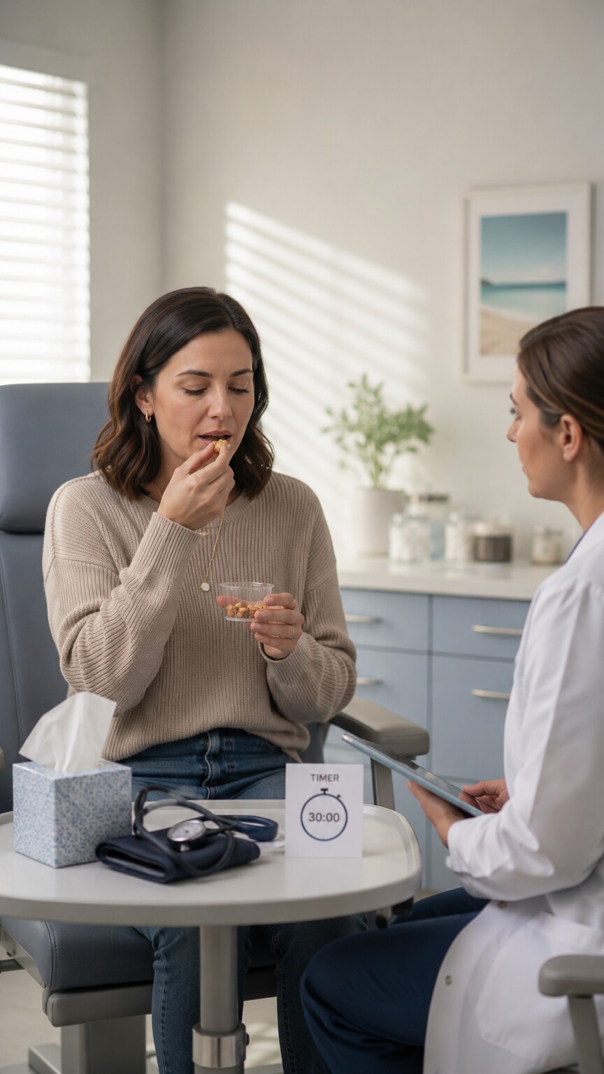 Person eating a small measured bite of food at a clinic table while an allergist monitors for any reaction during a supervised food challenge