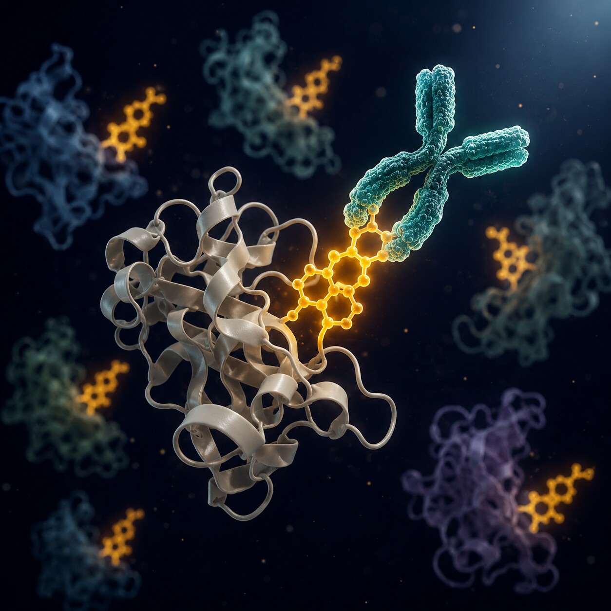 Close-up molecular illustration of a cross-reactive carbohydrate determinant sugar structure shared across multiple unrelated plant proteins