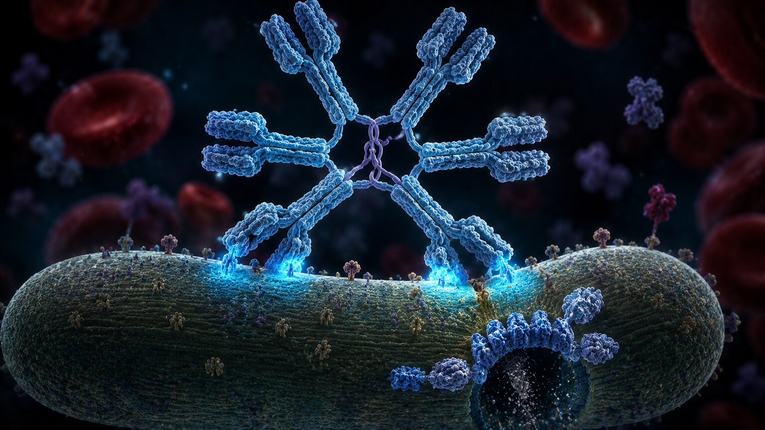 Scientific illustration of a pentameric IgM antibody binding a bacterial cell surface and activating complement