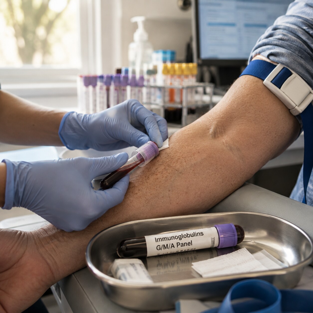 Phlebotomist drawing a blood sample into a tube labeled for an immunoglobulin G, M, and A panel