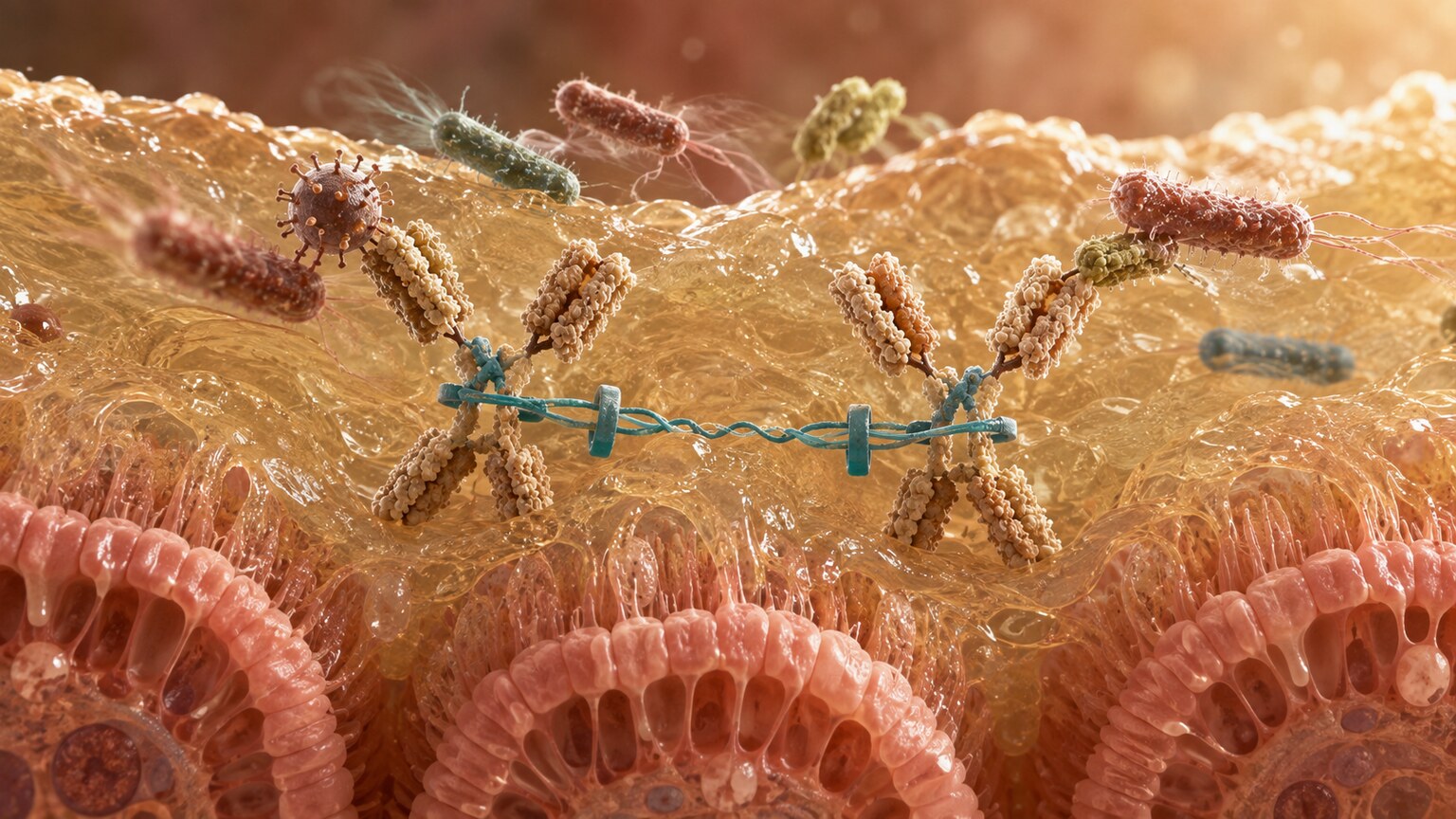 Cross-section illustration of dimeric IgA with secretory component embedded in intestinal mucosal lining