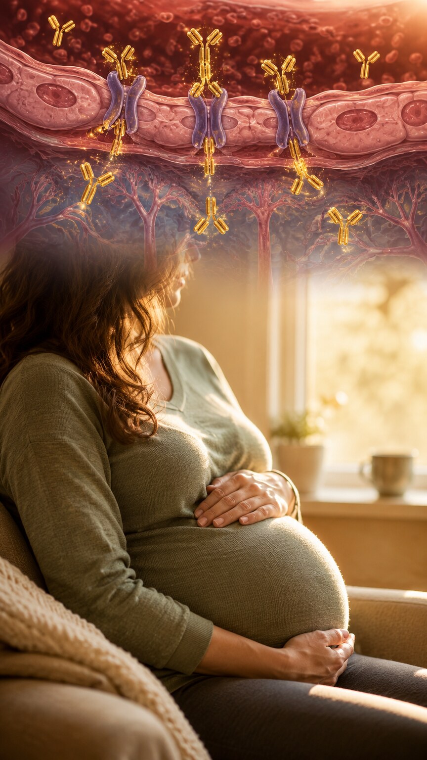 Illustration of IgG antibodies crossing the placenta from a pregnant woman to her developing fetus