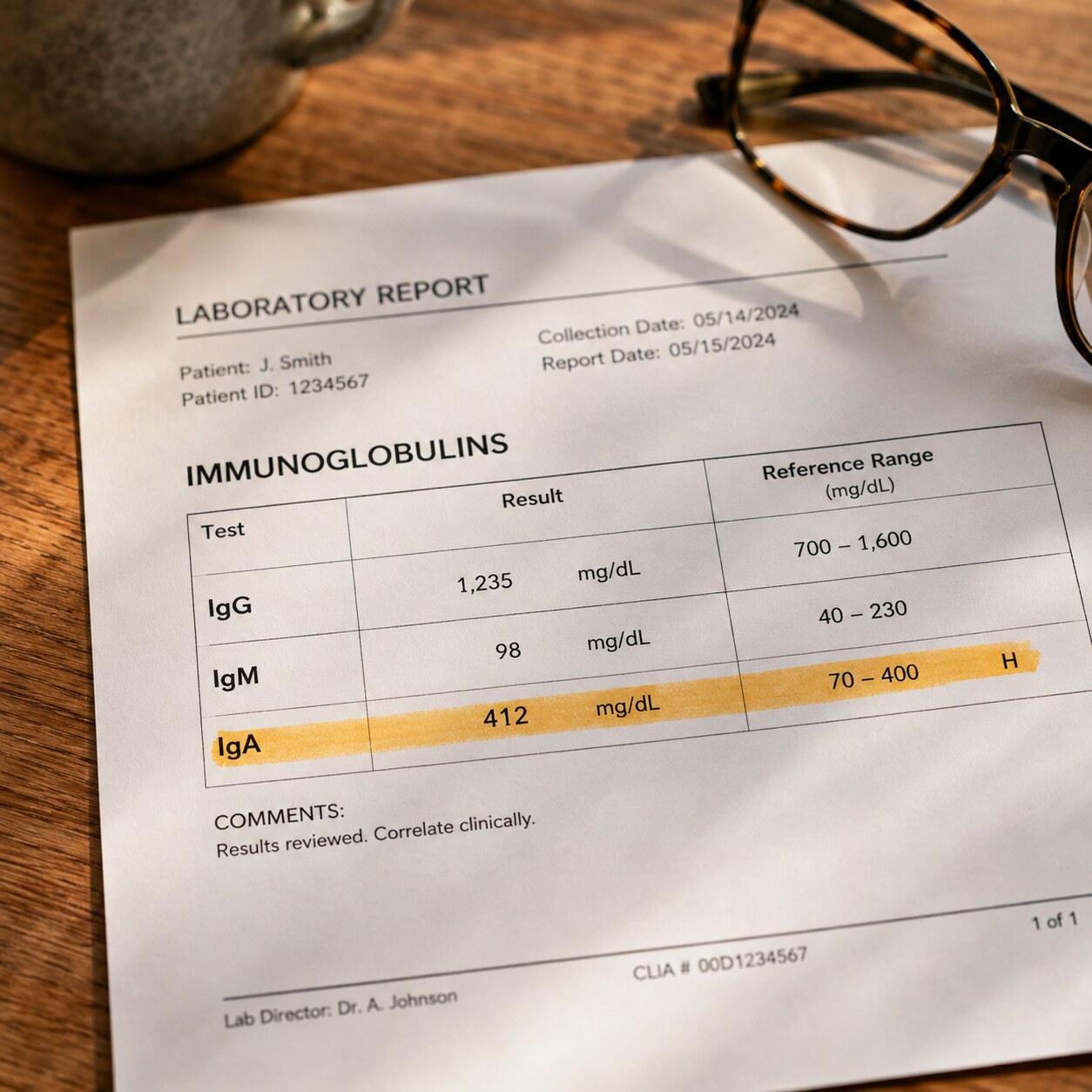 Close-up of a printed lab report highlighting IgG, IgM, and IgA immunoglobulin result rows
