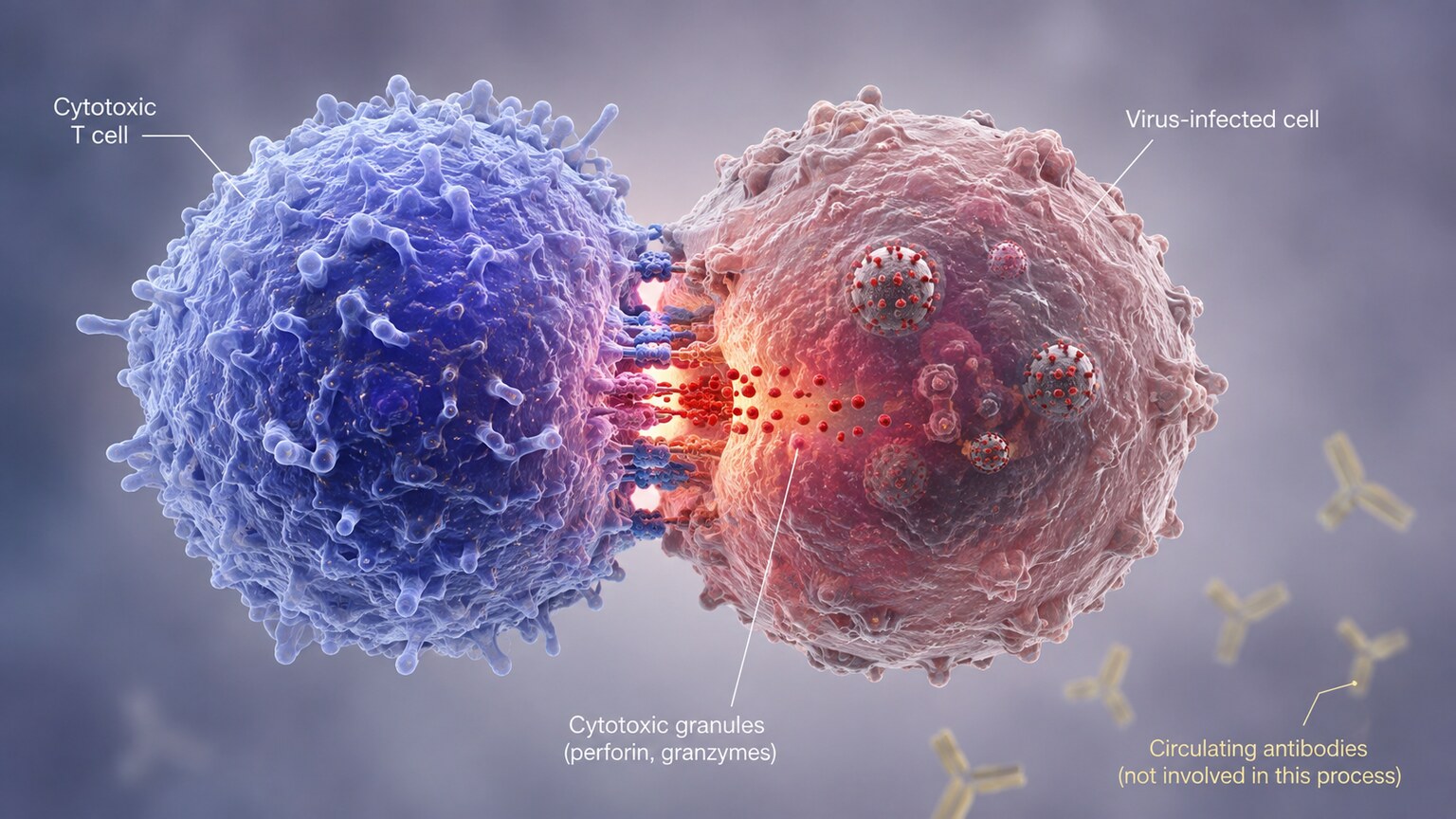 Scientific illustration of a cytotoxic T cell recognizing and destroying a virus-infected cell, distinct from antibody-based immunity
