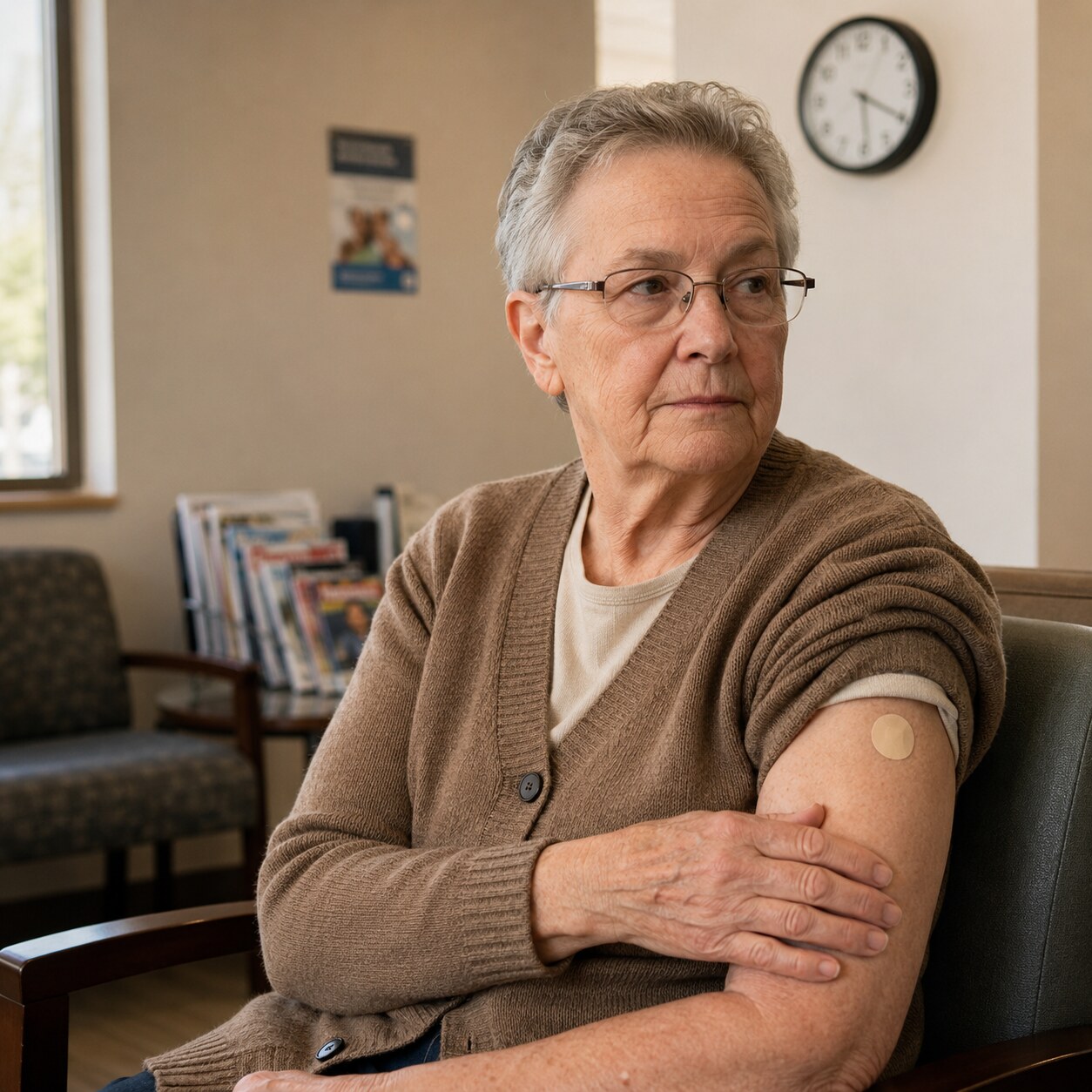Elderly patient sitting in a clinic waiting area with a small bandage visible on their upper arm after receiving a vaccine