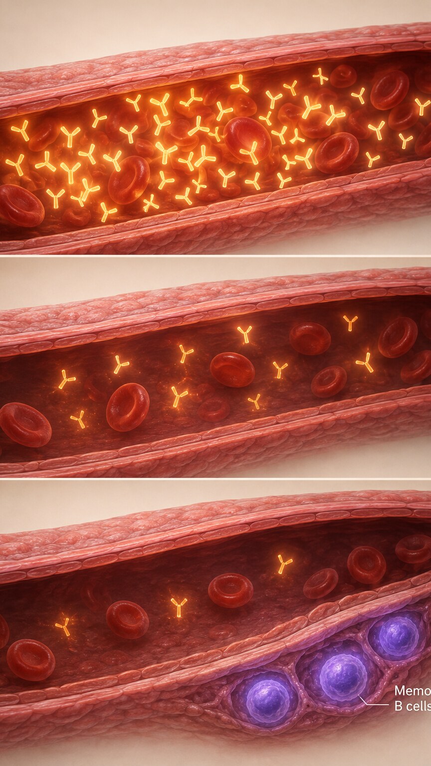 Scientific illustration of antibody concentration gradually declining across three sequential blood vessel cross-sections over time