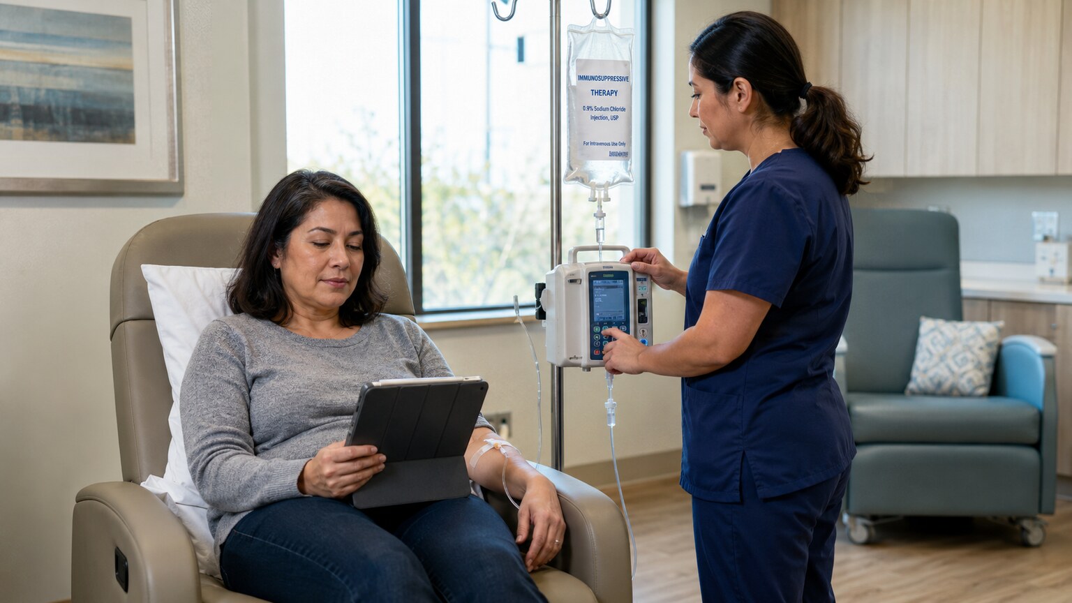 Patient receiving an immunosuppressive infusion in a clinical treatment chair, a known factor that can blunt vaccine antibody response