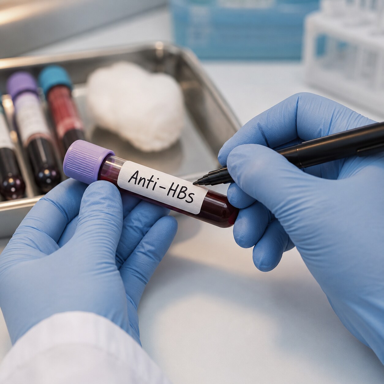 Phlebotomist labeling a blood sample tube specifically for an anti-HBs hepatitis B antibody titer test