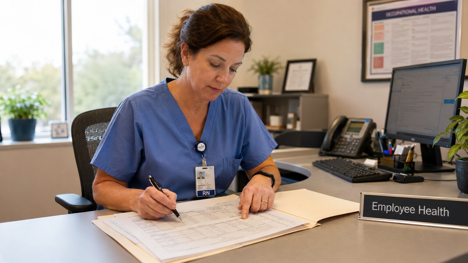 Occupational health nurse reviewing an employee's immunization record folder at a clinic desk
