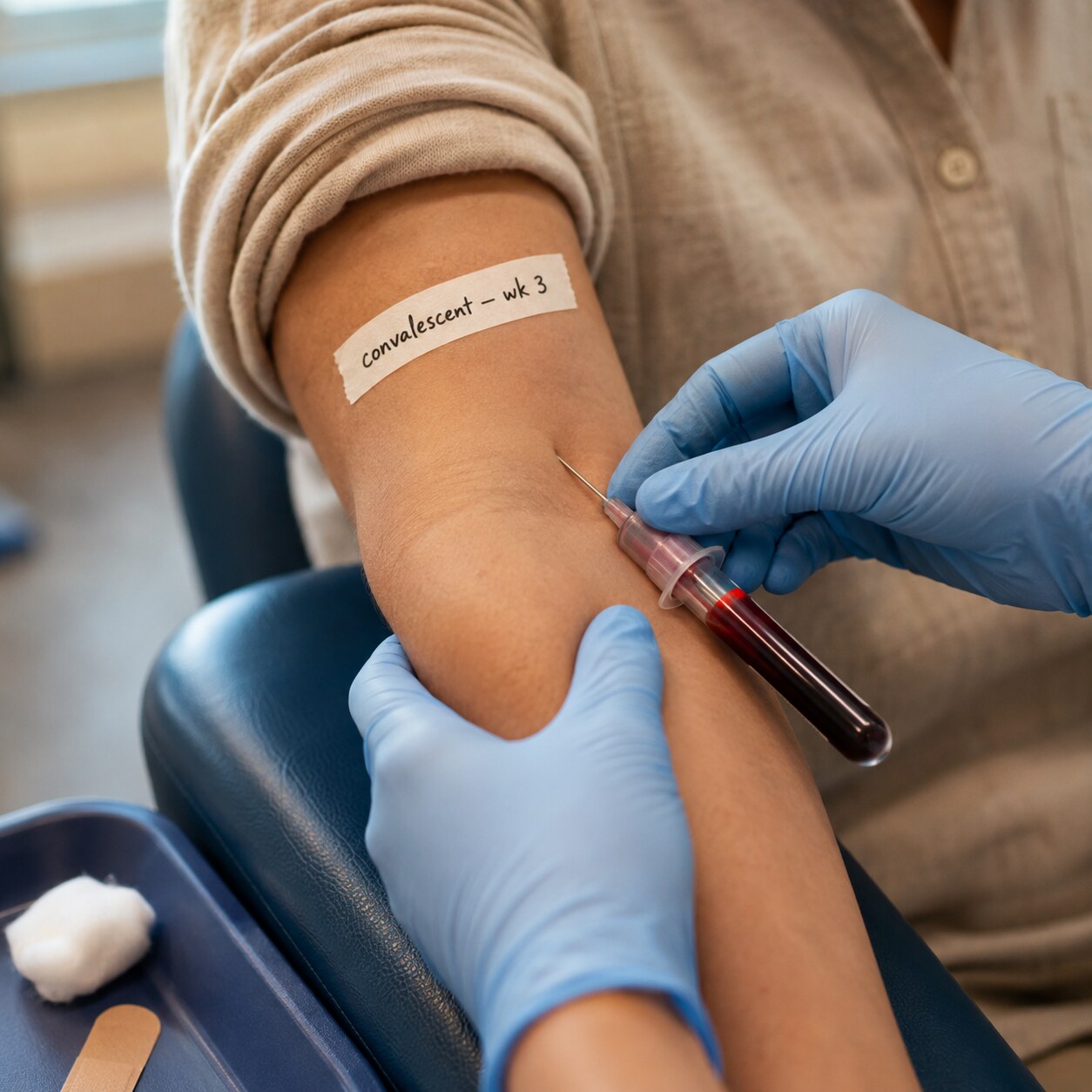 Phlebotomist drawing a convalescent-phase blood sample from a patient's arm several weeks after an initial illness