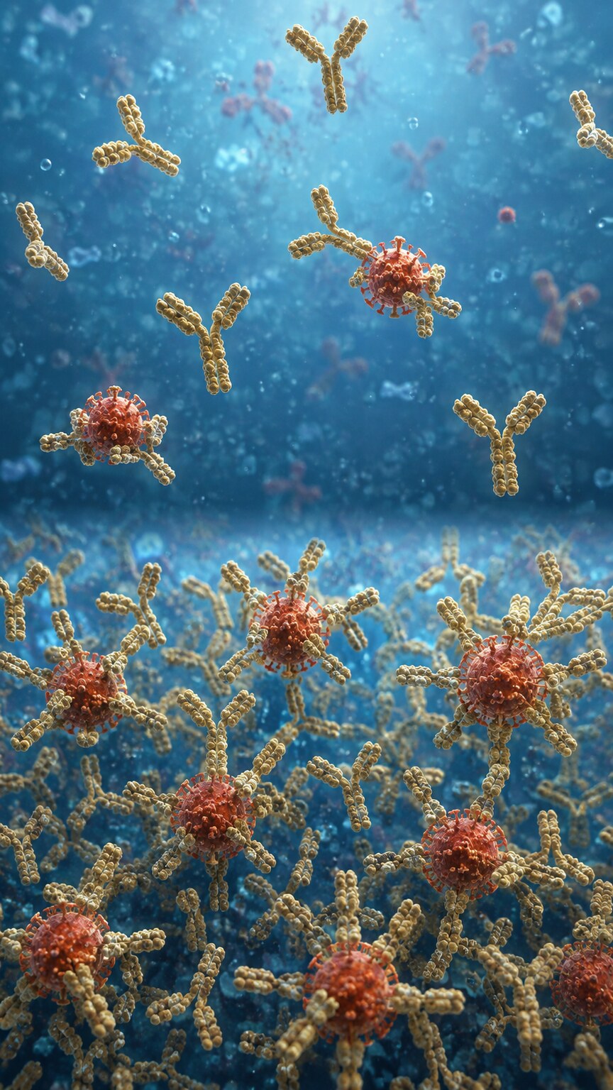 Scientific illustration of Y-shaped IgG antibodies increasing in density as they bind viral antigen particles between two paired blood samples