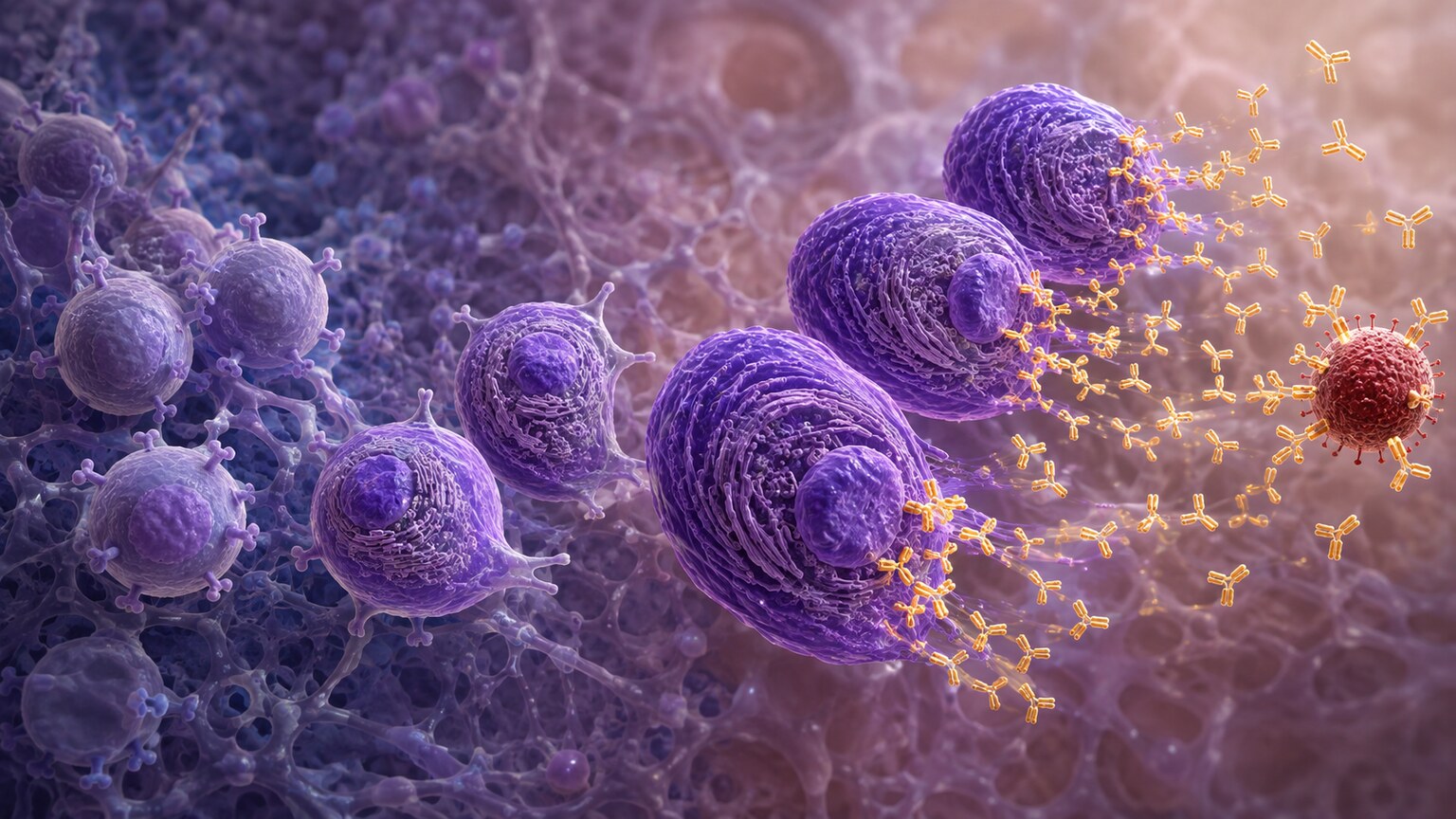 Scientific illustration of memory B cells rapidly differentiating into antibody-producing plasma cells upon a second exposure to the same pathogen