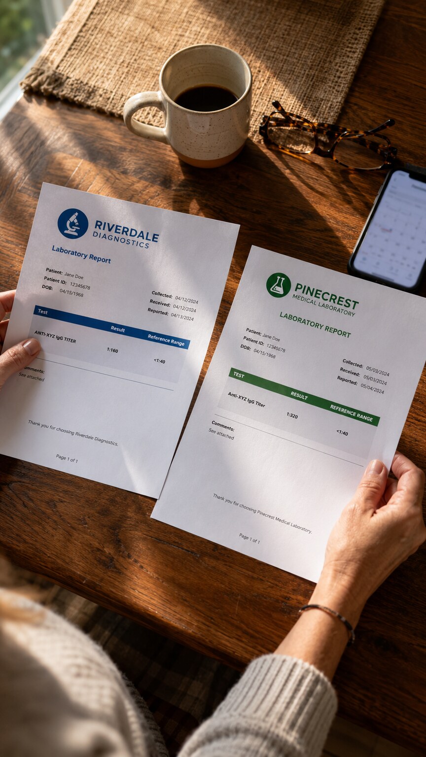 Person at a kitchen table comparing two dated lab report printouts side by side to check whether an antibody titer has risen
