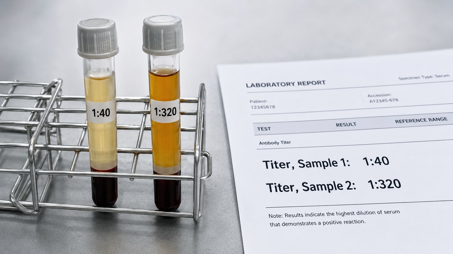Two labeled blood serum tubes from different draw dates positioned beside a printed report showing titer values rising from 1:40 to 1:320