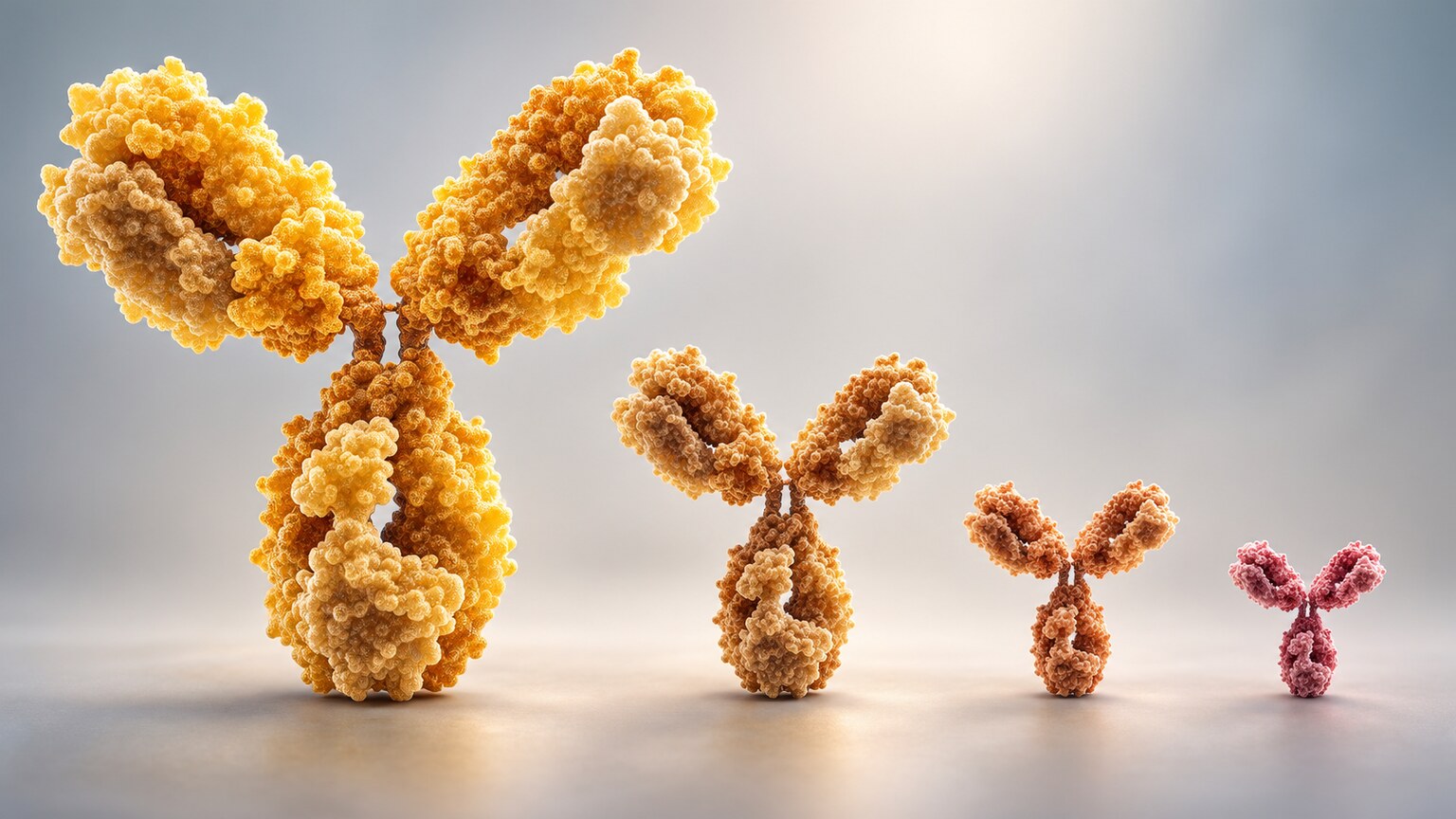 Scientific illustration of four visually distinct antibody molecule clusters representing the unequal proportions of IgG1 through IgG4 within total IgG