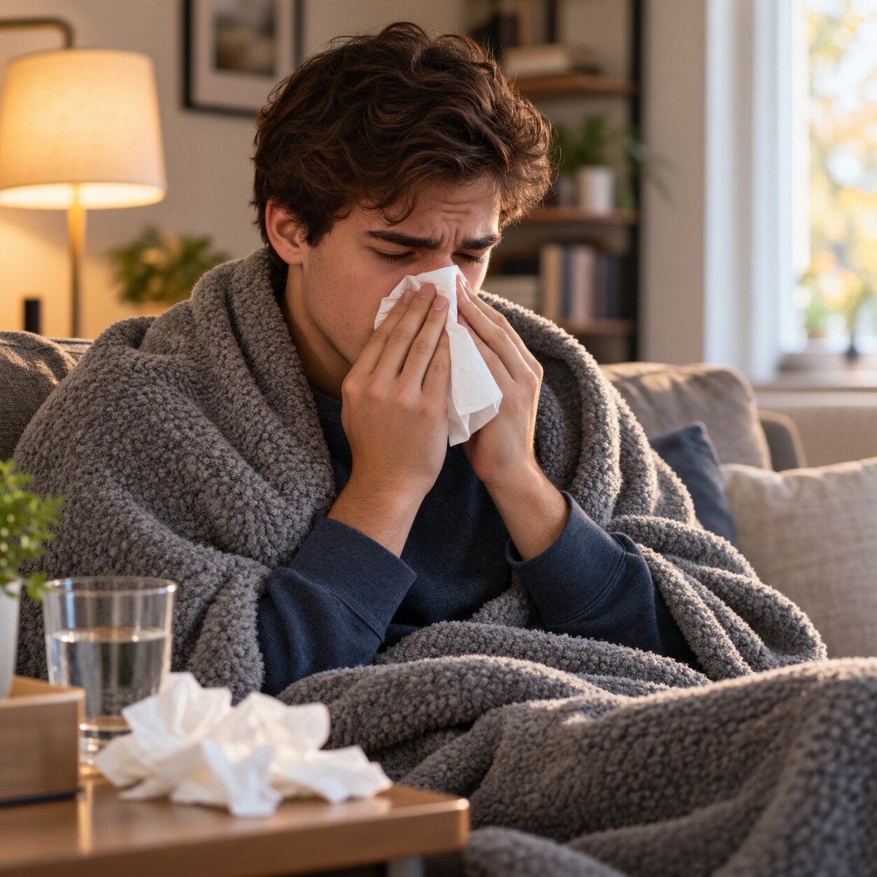 Child sitting wrapped in a blanket on a couch blowing their nose, illustrating a pattern of recurrent respiratory infections