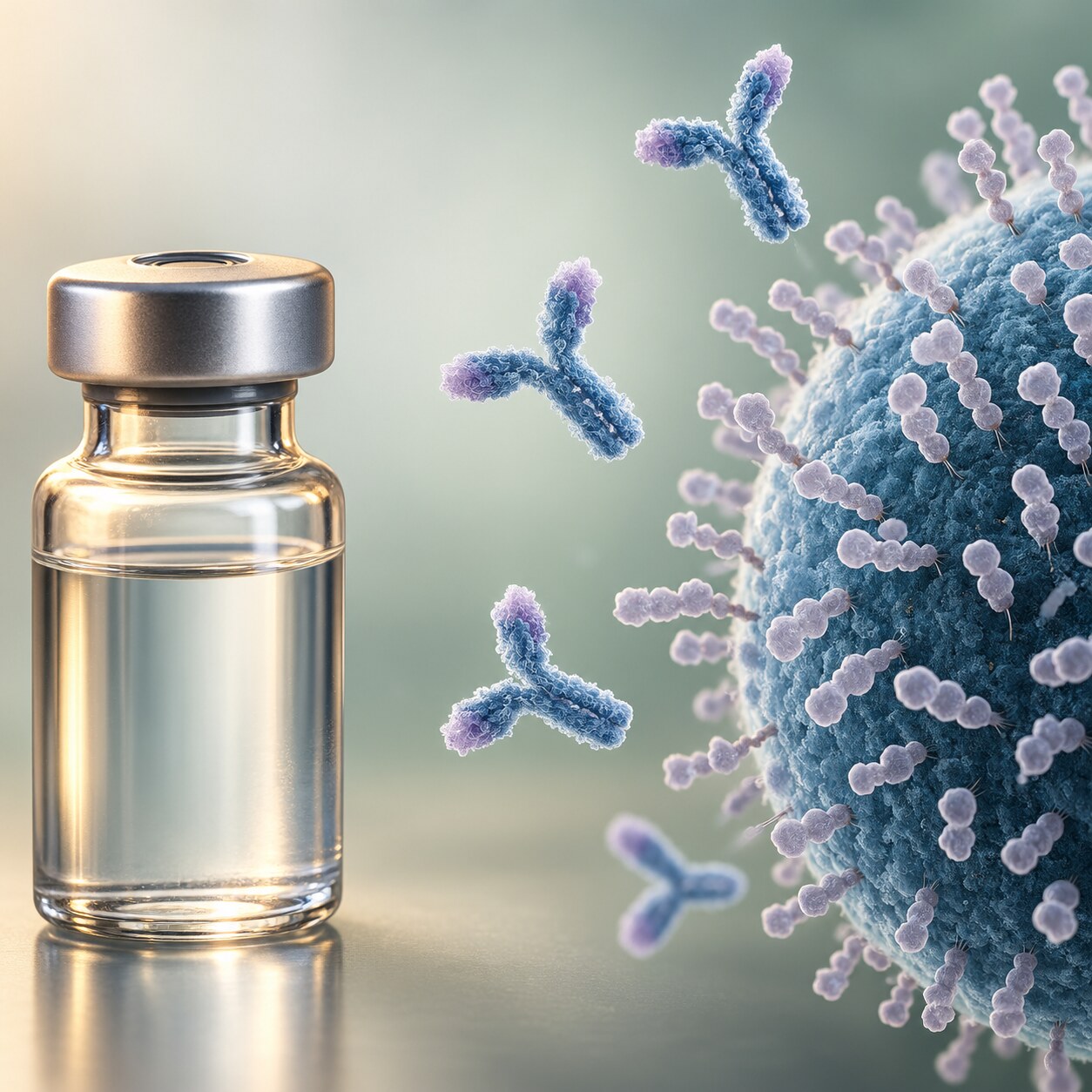 Scientific illustration of a vaccine vial beside antibody molecules failing to bind a bacterial polysaccharide capsule