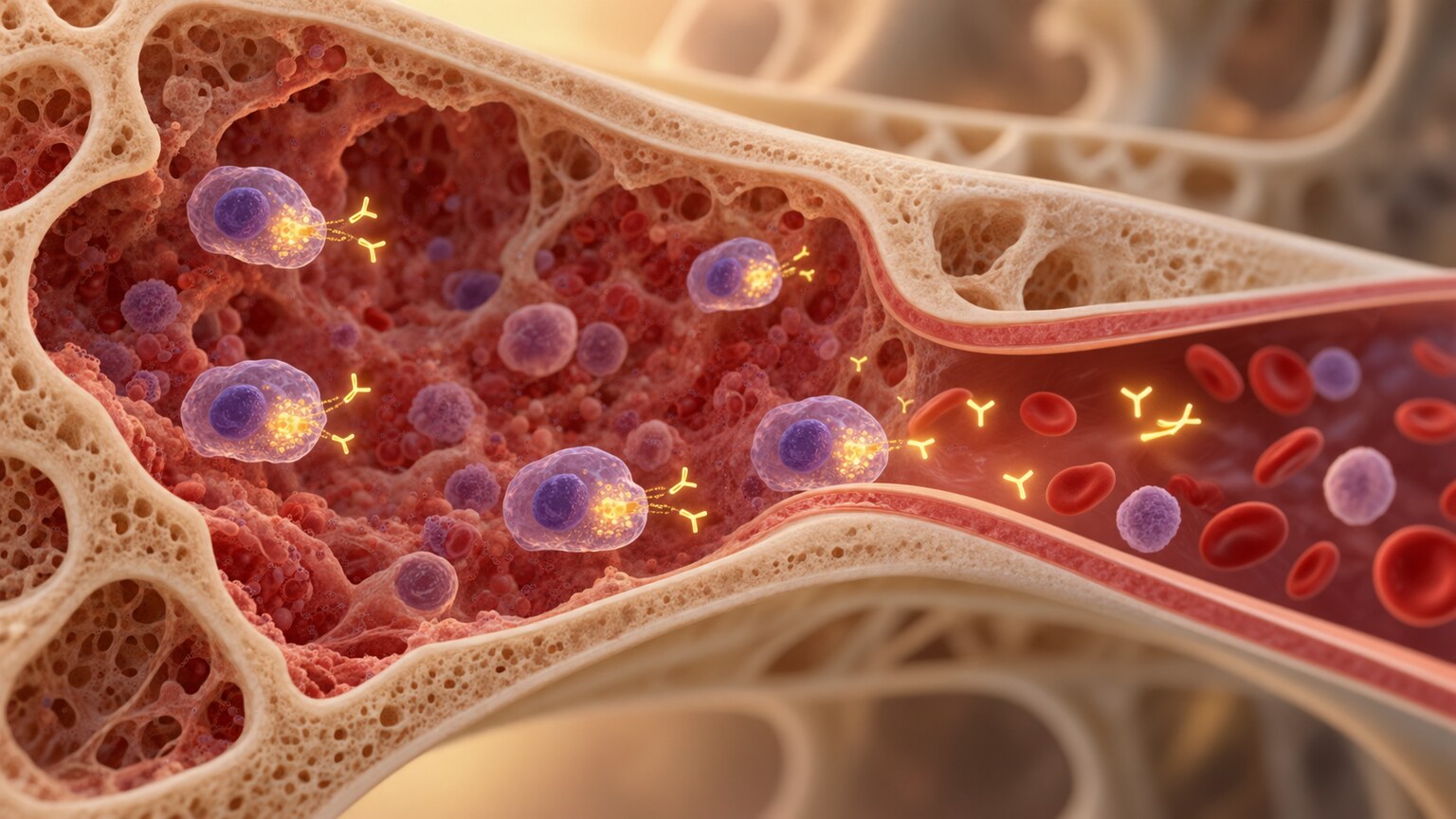 Scientific illustration of bone marrow producing a visibly reduced number of antibody-secreting plasma cells