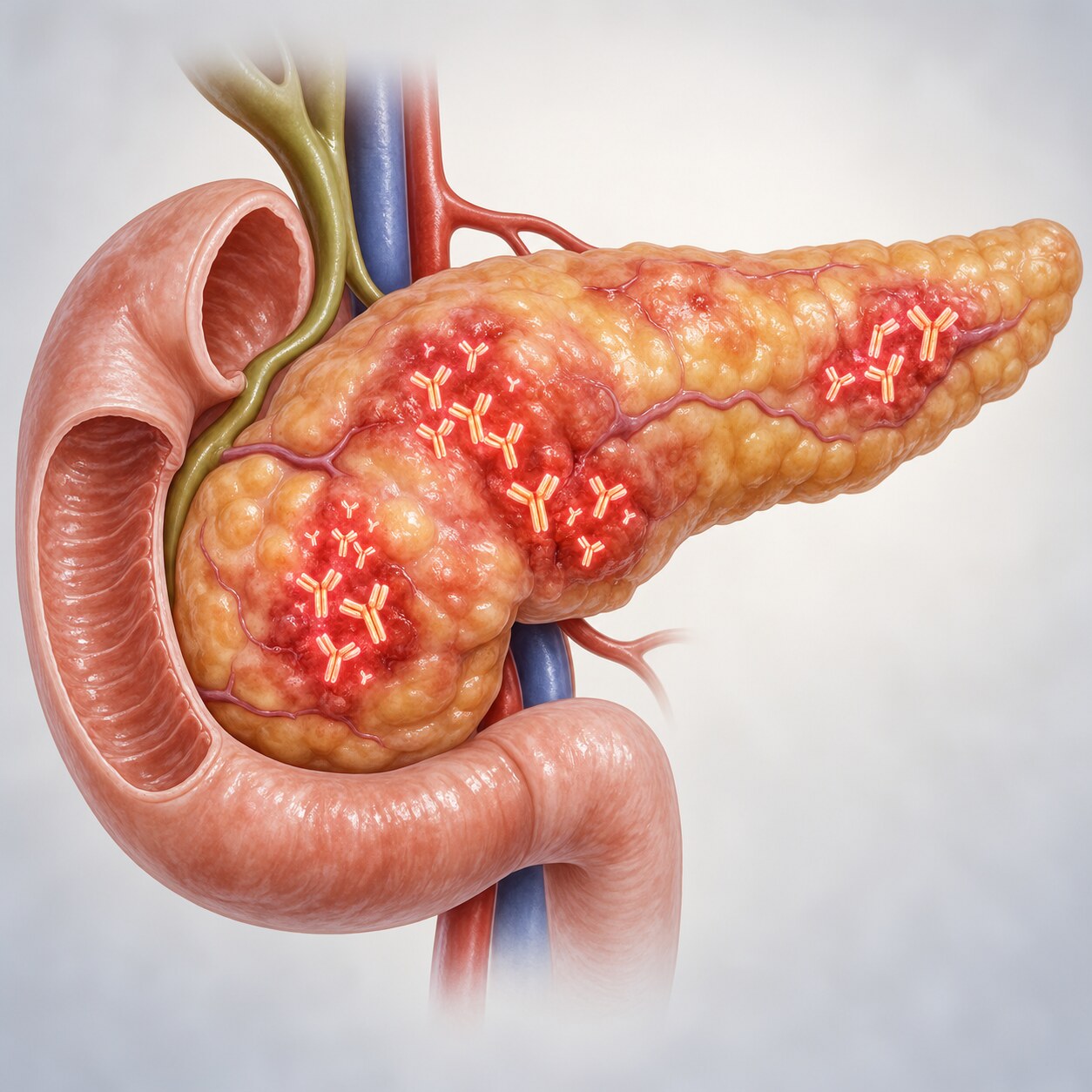 Scientific illustration of an inflamed pancreas with visible IgG4 antibody tissue deposits, consistent with IgG4-related disease