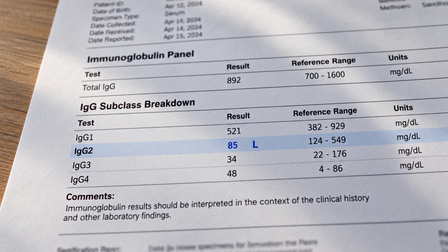 Close-up of a printed lab report showing a normal total IgG value alongside an individually flagged low IgG2 subclass result