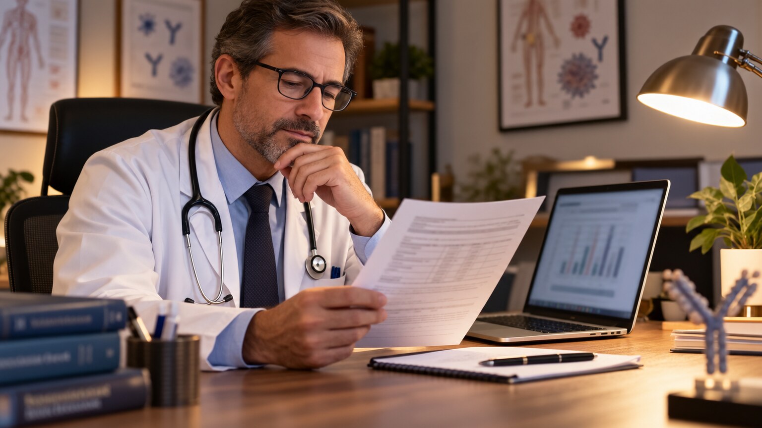 Immunologist reviewing a subclass panel referral form at a specialist office desk before ordering detailed antibody testing