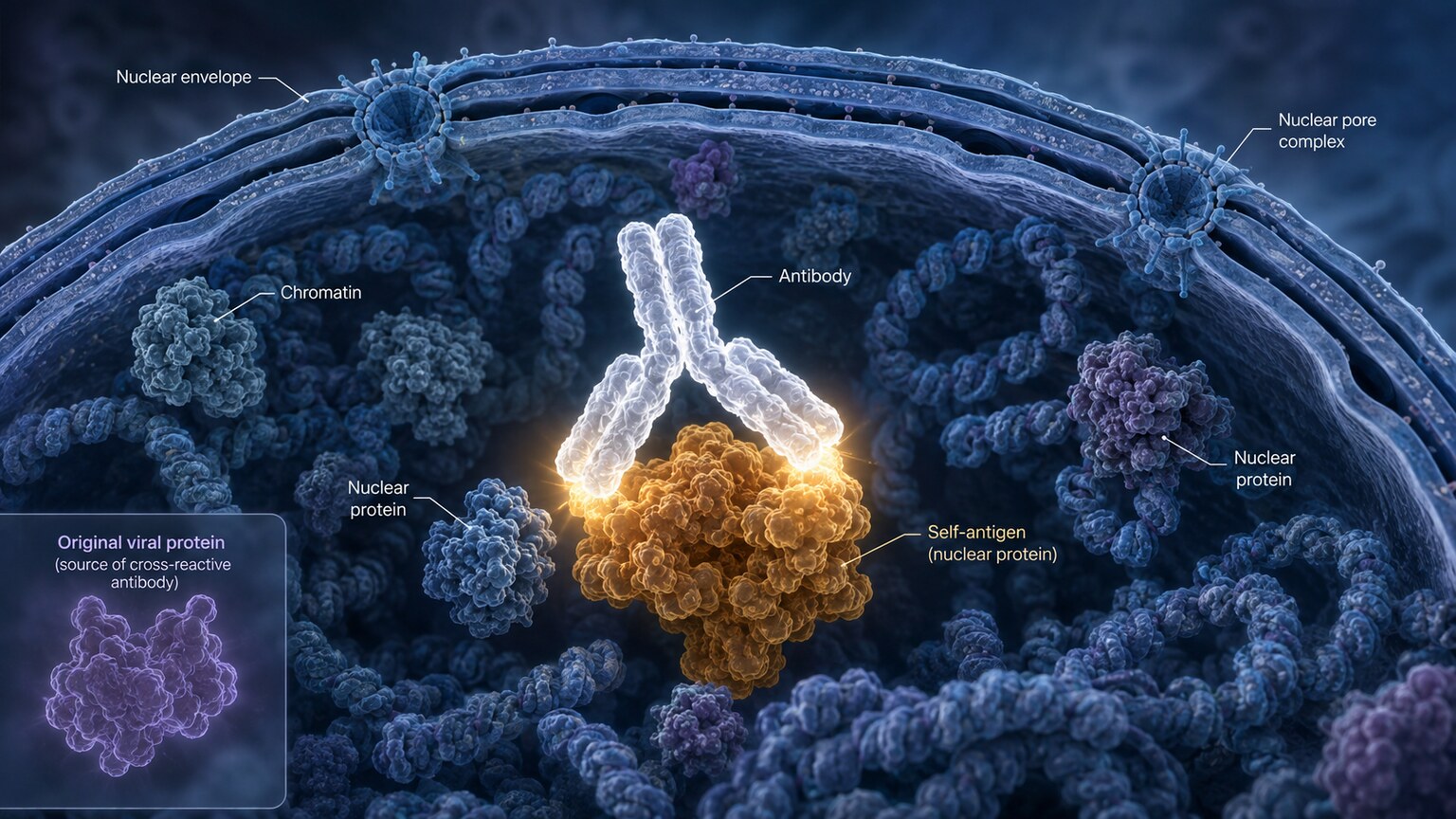 Scientific illustration of an antibody produced against a viral protein cross-reacting with a matching human self-antigen inside a cell nucleus