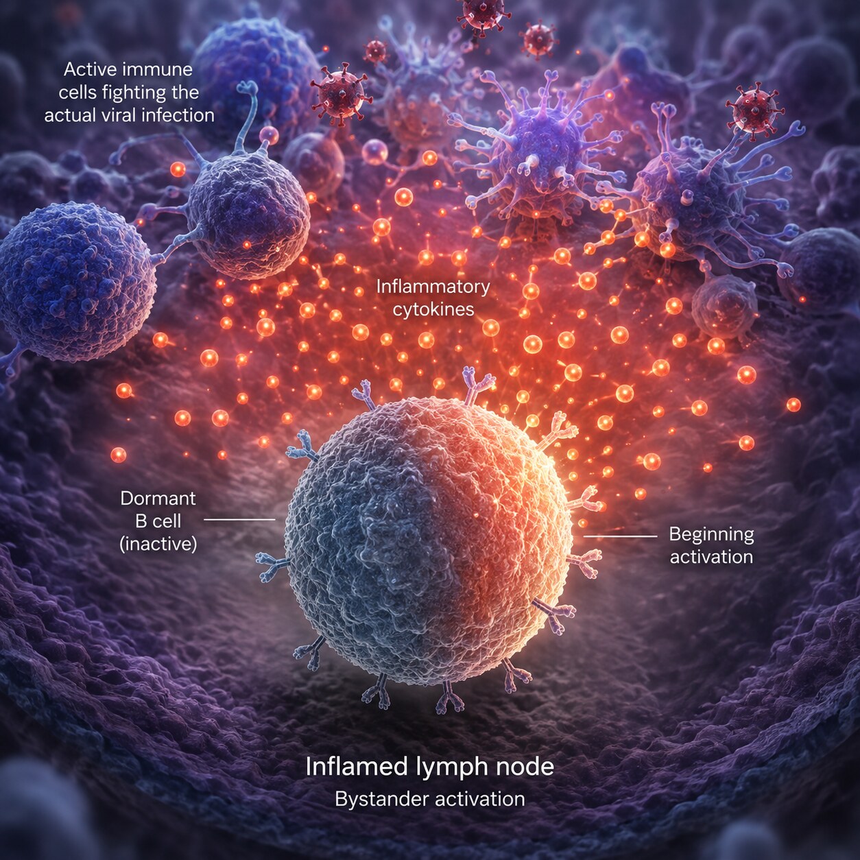Scientific illustration of a dormant autoreactive B cell being activated by surrounding inflammatory cytokines within an inflamed lymph node