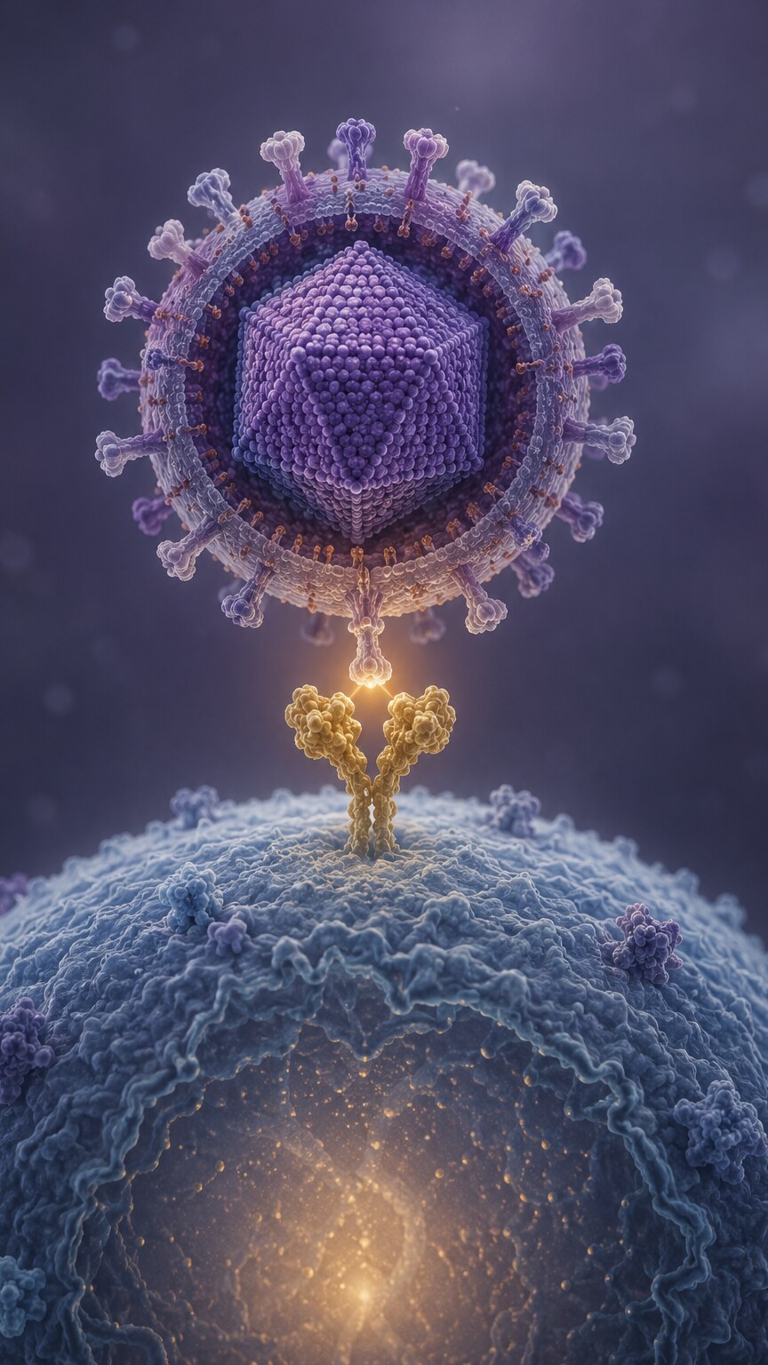 Scientific illustration of an Epstein-Barr virus particle docking directly onto the CD21 receptor of a human B lymphocyte
