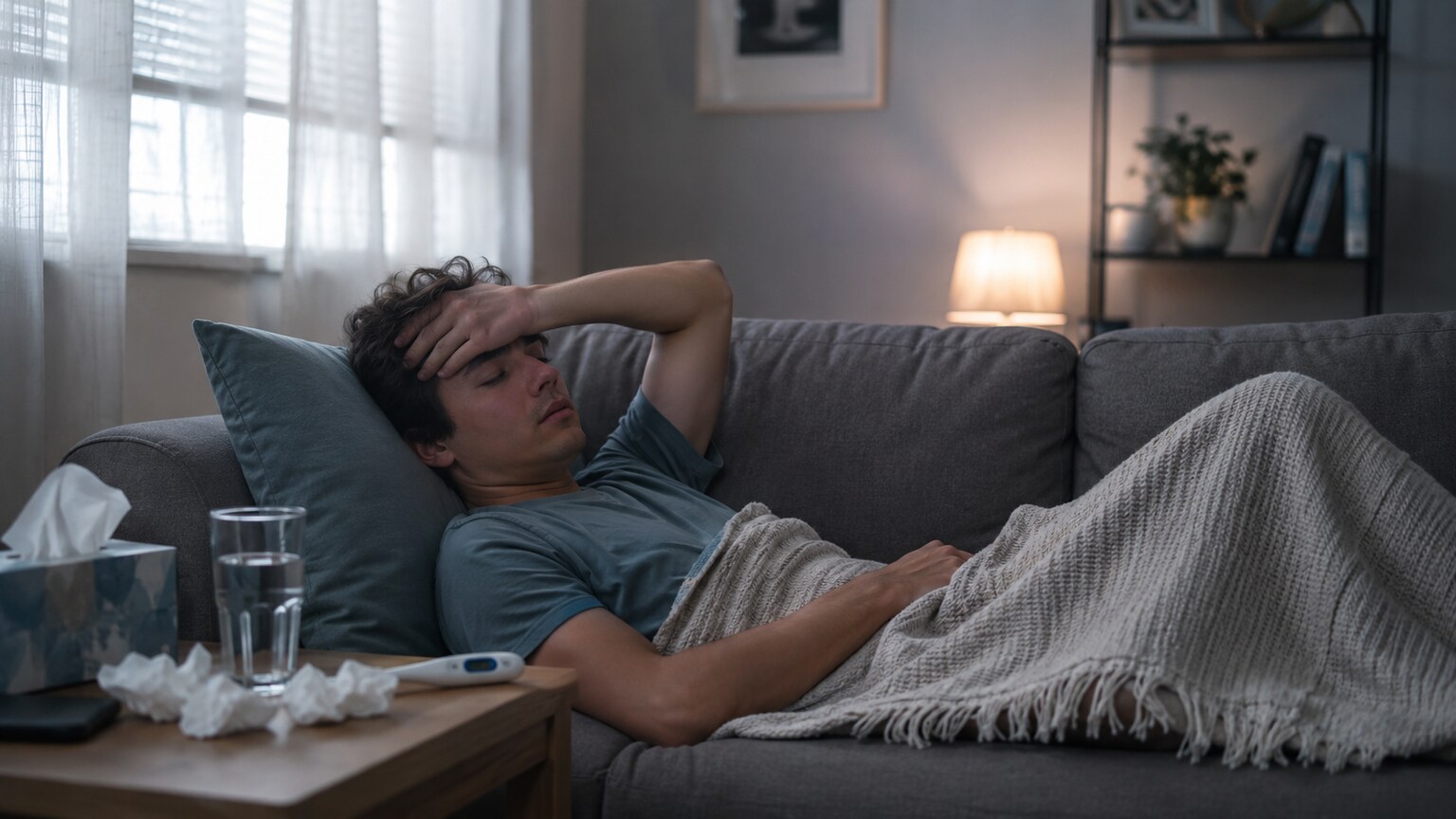 Young adult resting on a couch during recovery from infectious mononucleosis, with a thermometer and tissues nearby
