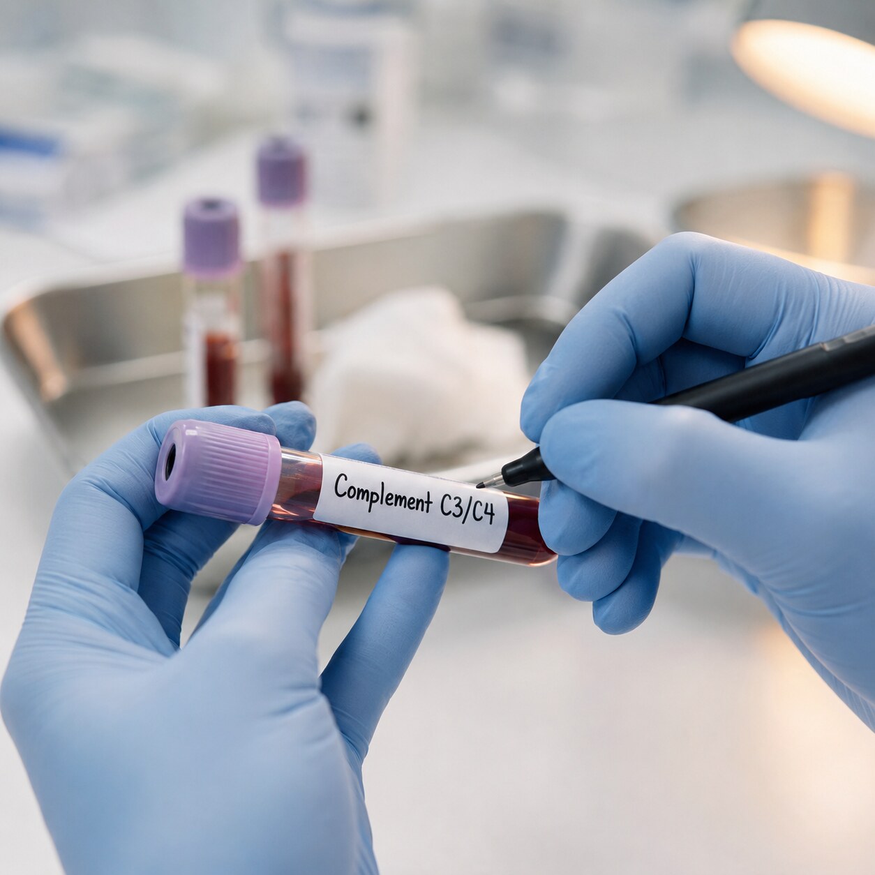 Phlebotomist labeling a blood sample tube specifically for a complement C3 and C4 test used to help distinguish viral-related from true autoimmune antibody positivity