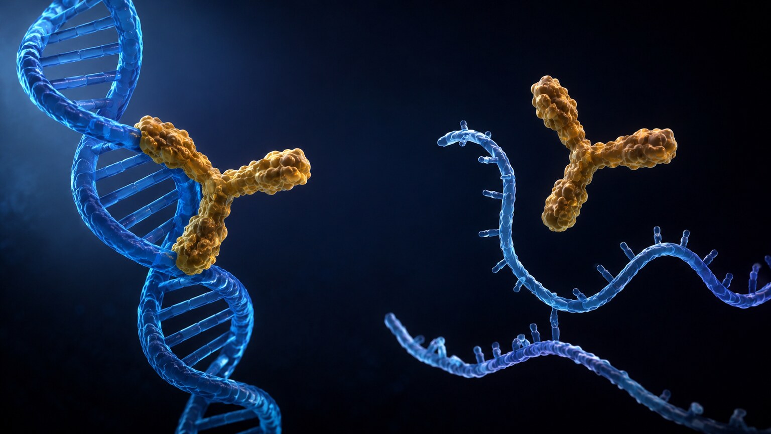 Scientific illustration of an antibody binding specifically to the intact double helix of double-stranded DNA while a nearby single strand goes unrecognized