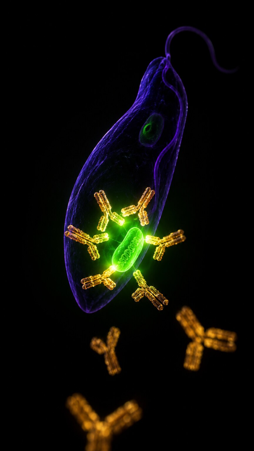 Scientific illustration of a glowing fluorescent structure representing the kinetoplast organelle used in the Crithidia luciliae immunofluorescence test for anti-dsDNA antibodies