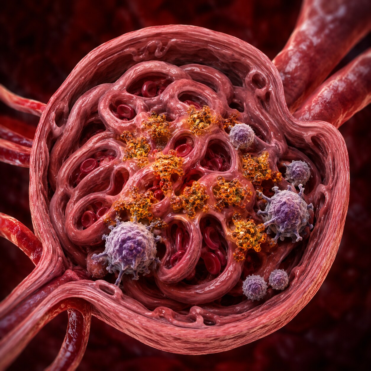 Scientific illustration of antibody-DNA immune complexes depositing along the filtering membrane of a kidney glomerulus, triggering local inflammation