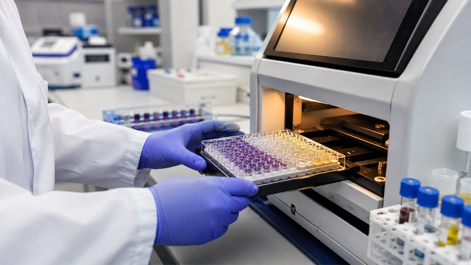A laboratory technician loading a multi-well ELISA plate into an automated analyzer to test for anti-dsDNA antibody levels