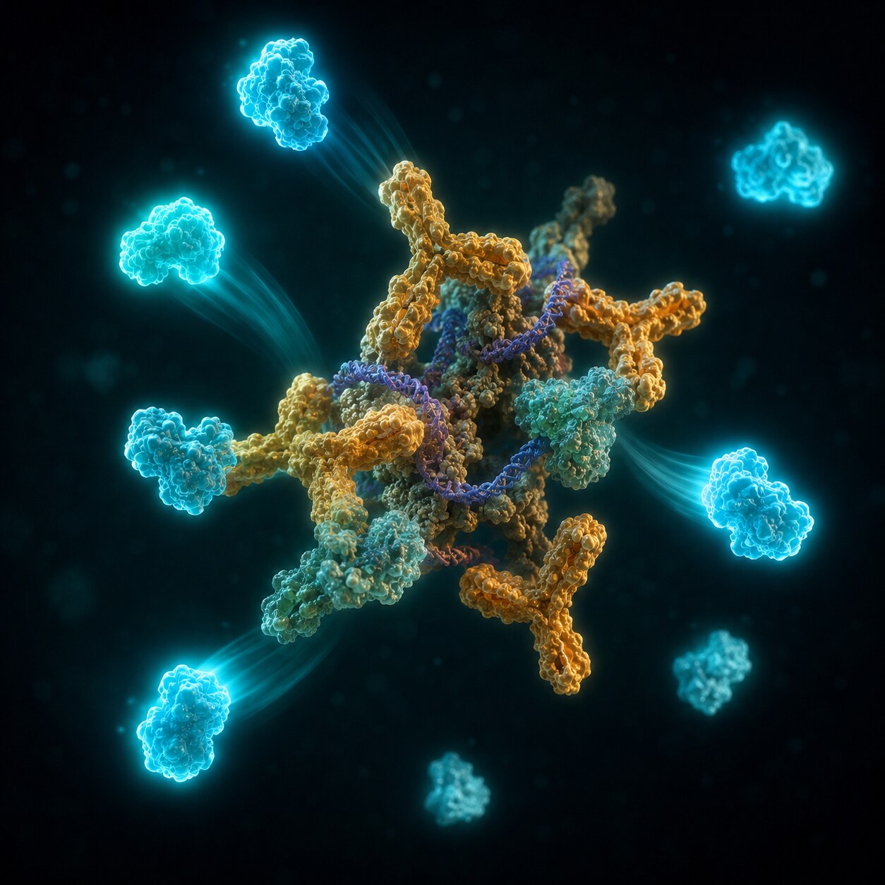 Scientific illustration of complement protein molecules being consumed and depleted as they bind to circulating antibody-DNA immune complexes