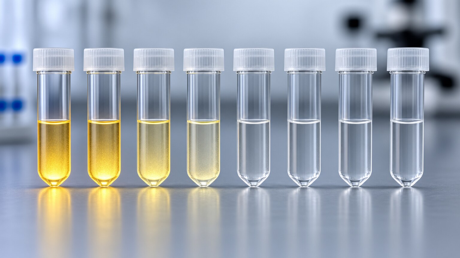 Scientific illustration of a row of serial dilution tubes, with only the least diluted tubes still showing a detectable glowing reaction