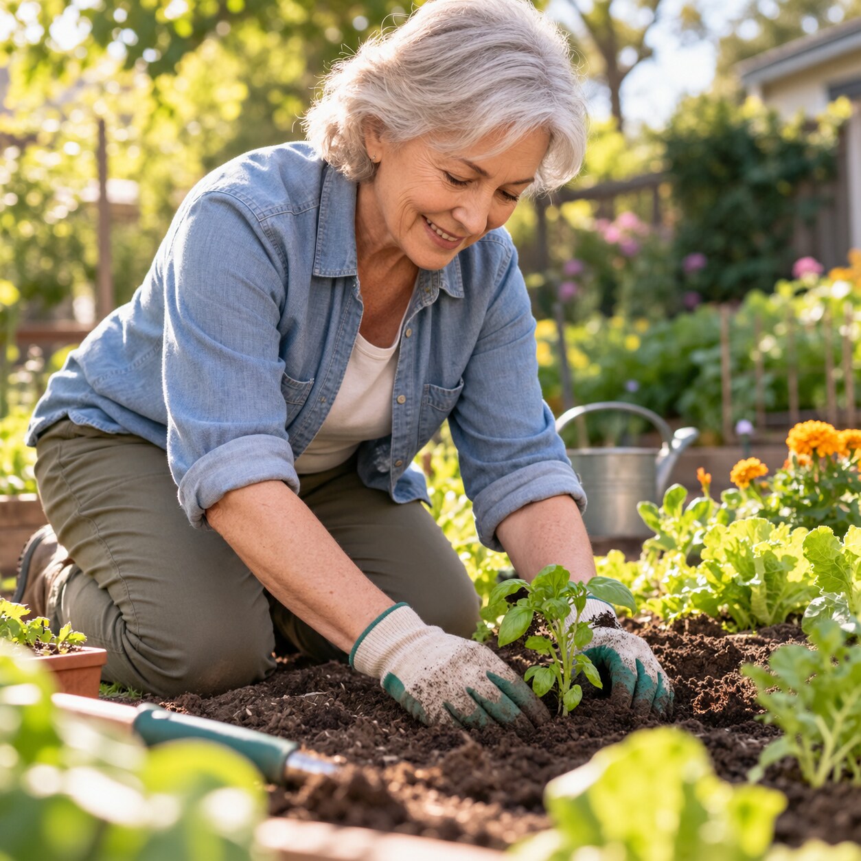 Healthy older adult kneeling in a garden, actively tending plants, representing the genuinely common occurrence of low-titer ANA positivity with age