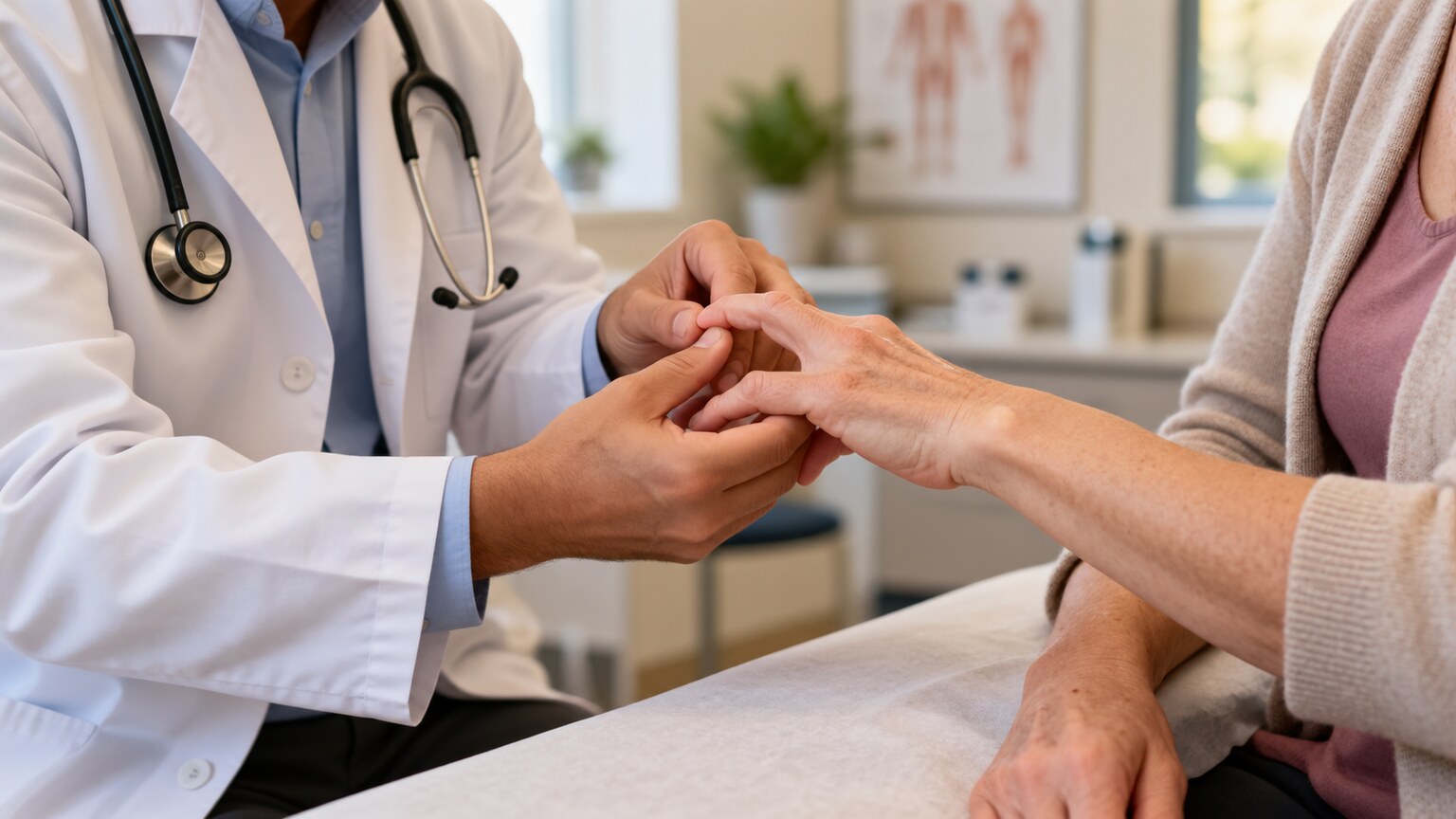 Doctor carefully examining a patient's hand joints during a physical exam, part of correlating a low-titer ANA result with actual symptoms