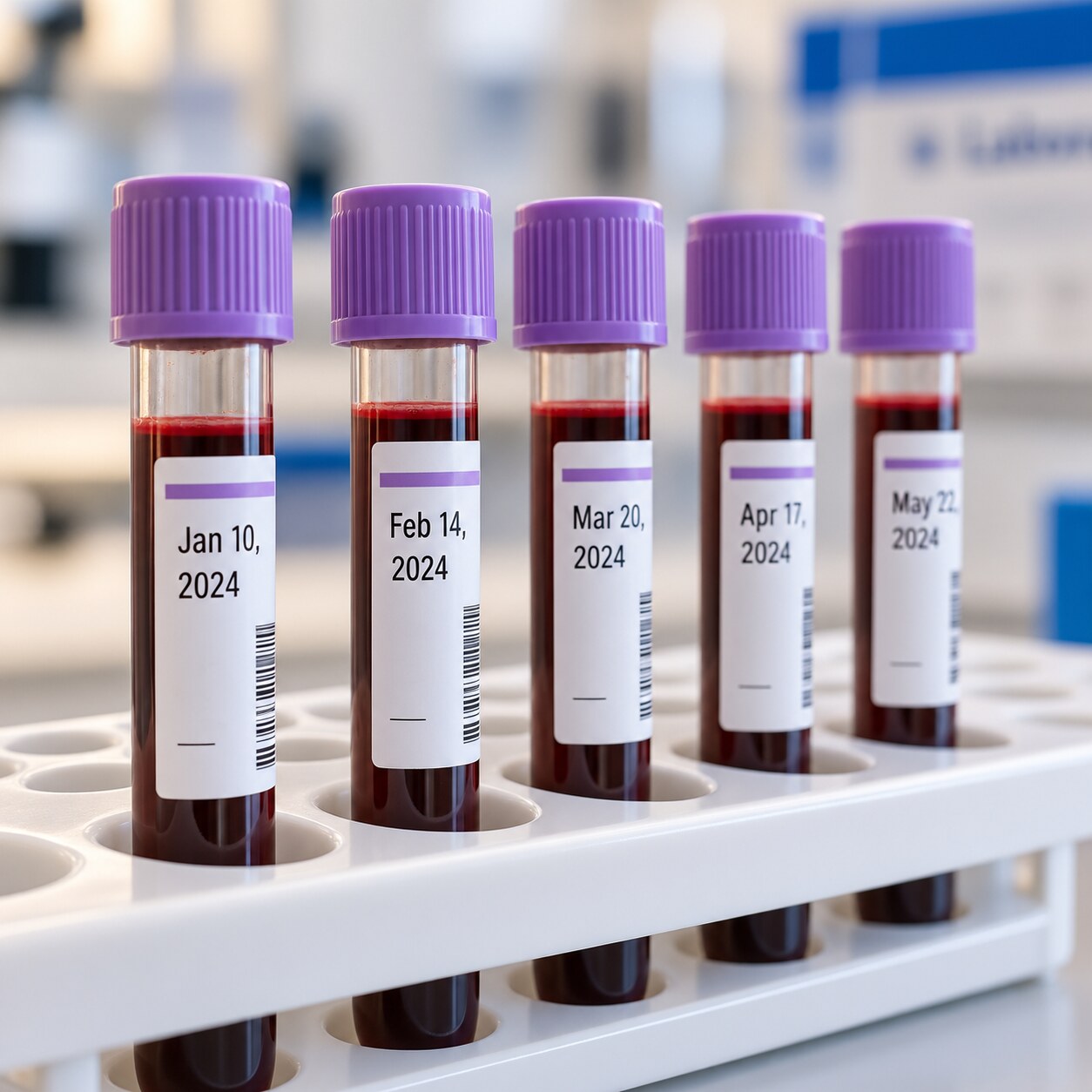 Several labeled blood collection tubes arranged in chronological order, representing serial ANA titer testing over time