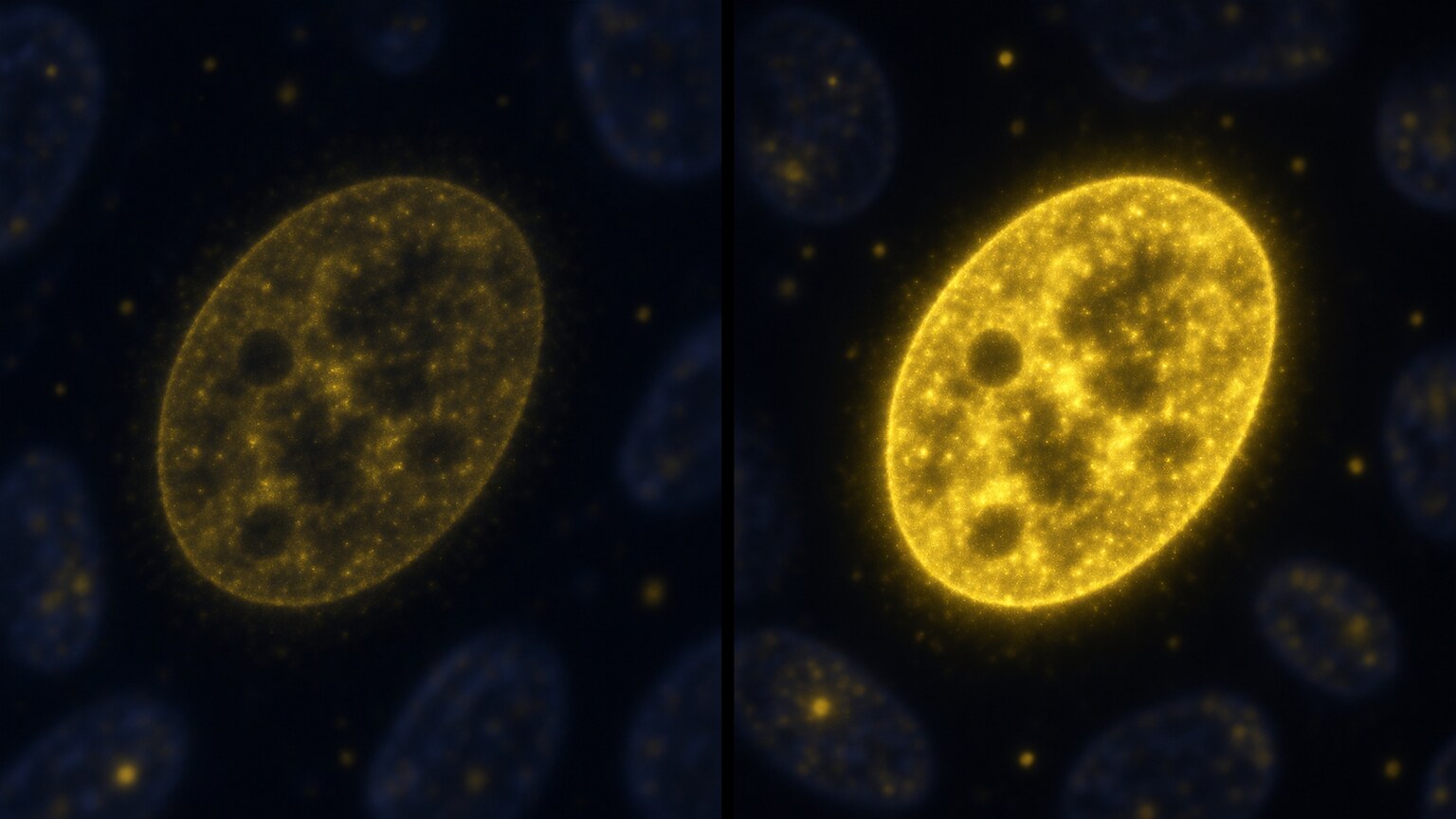 Split immunofluorescence comparison showing a dim, faint nuclear glow on one side and a bright, intense nuclear glow on the other