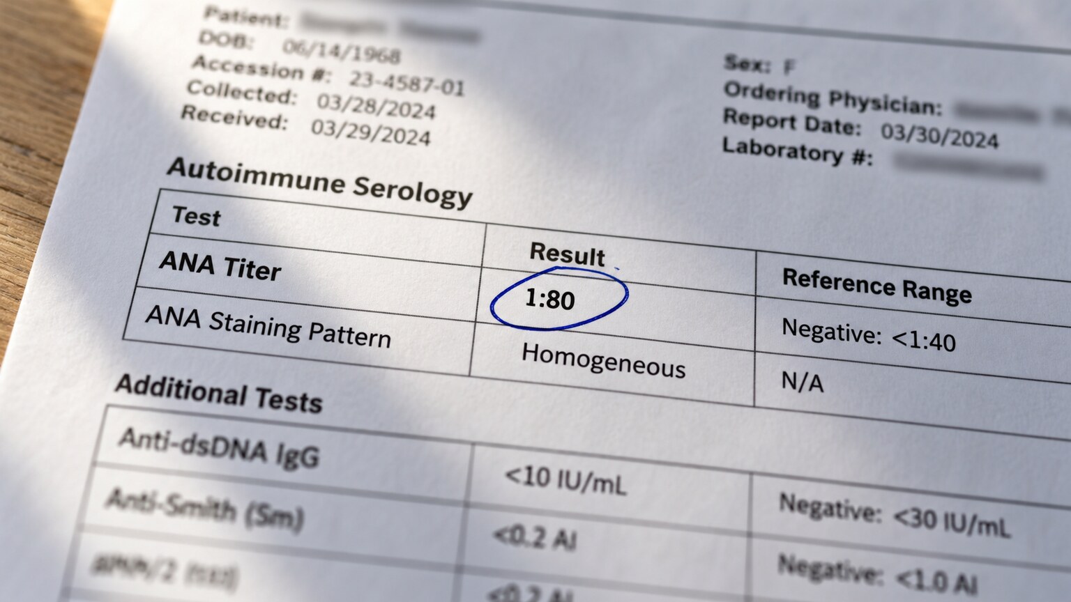 Close-up of a printed lab report showing an ANA titer result of 1 to 80 circled in ink beside the laboratory's own reference range