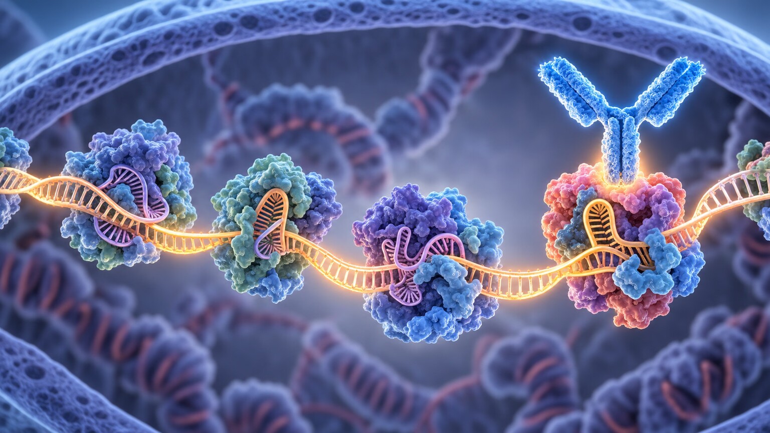 Scientific illustration of a Y-shaped antibody binding to a small nuclear ribonucleoprotein complex, the specific target of anti-Smith antibodies