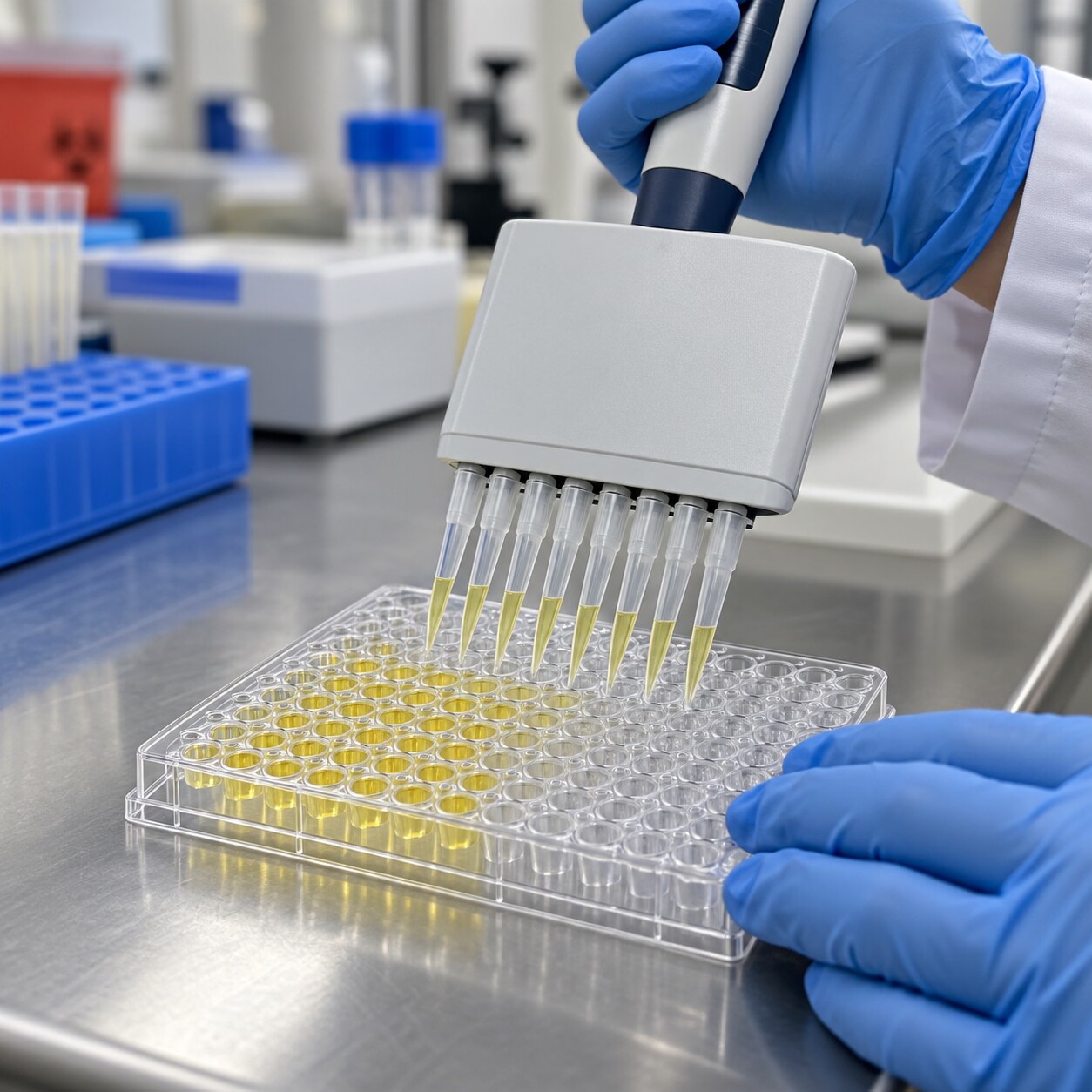 Close-up of a laboratory technician's gloved hands loading an ELISA microplate used to detect anti-Smith antibodies in a blood sample