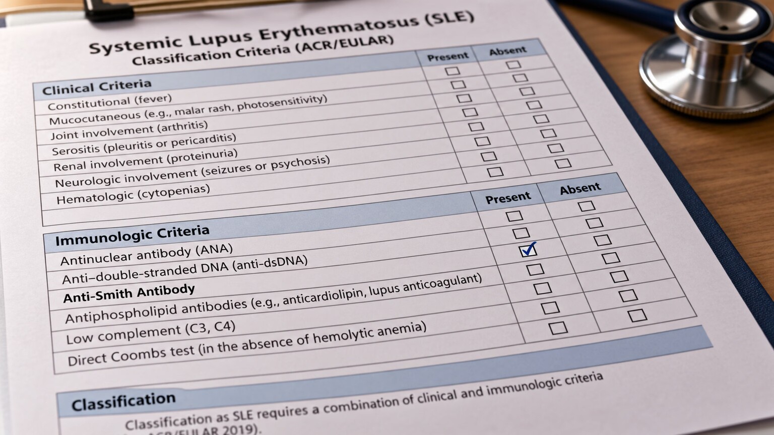A rheumatology diagnostic checklist form showing lupus classification criteria, with the anti-Smith antibody line item checked as positive
