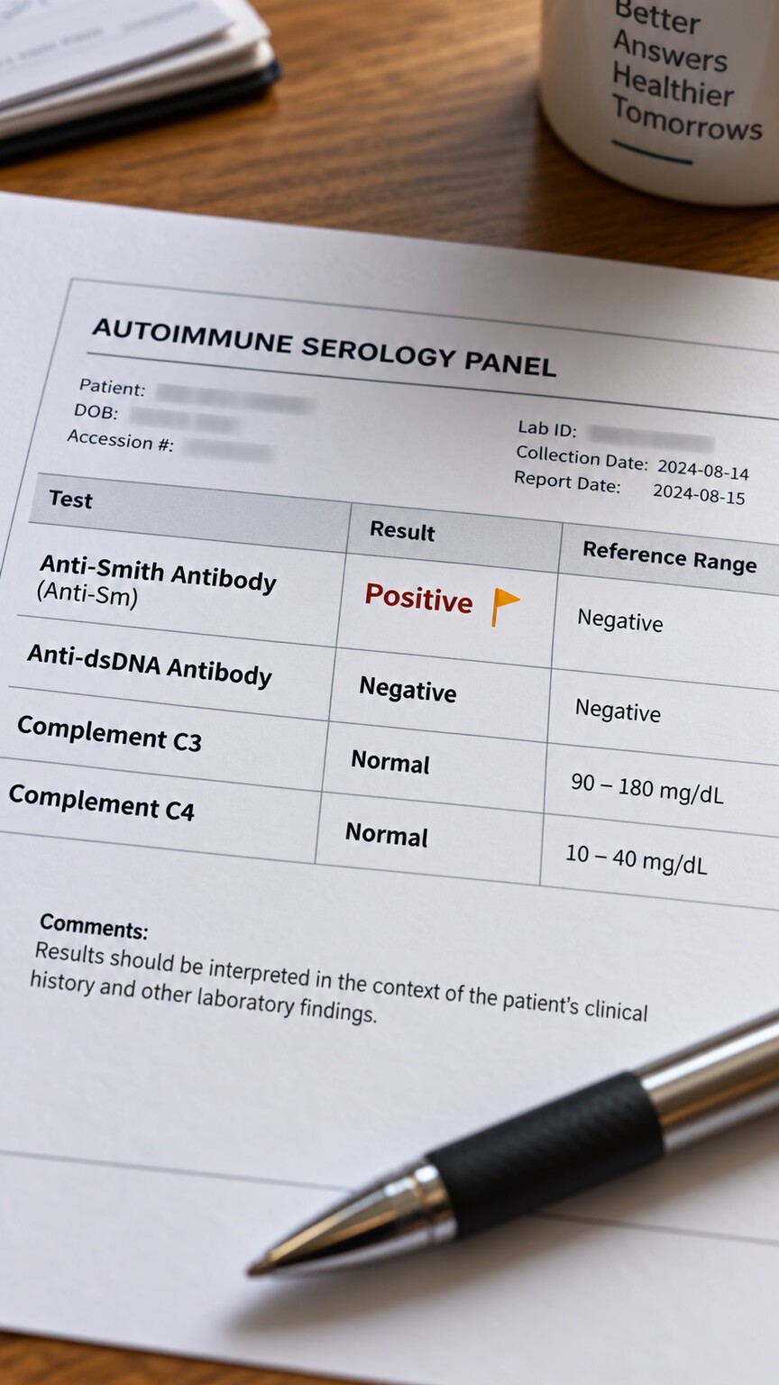 A printed antibody panel lab report showing anti-Smith flagged positive alongside a negative anti-dsDNA result and normal complement levels