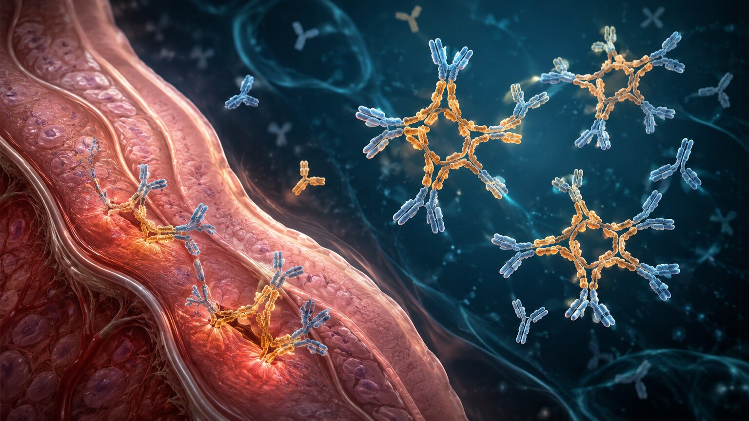 Scientific illustration of a rheumatoid factor antibody binding to the Fc tail of a normal IgG antibody, forming an immune complex