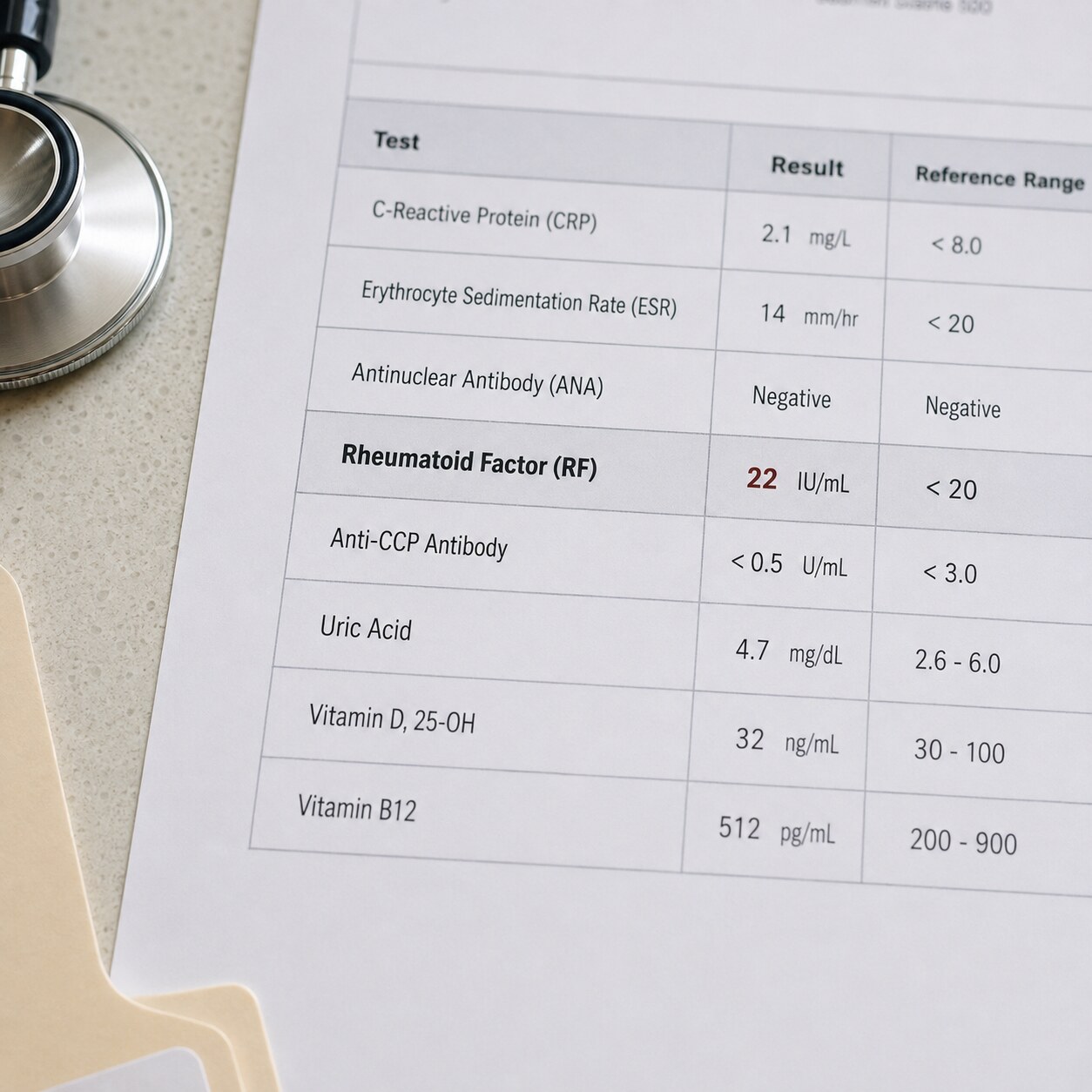 Close-up of a printed lab report showing a mildly elevated rheumatoid factor titer value beside its reference range