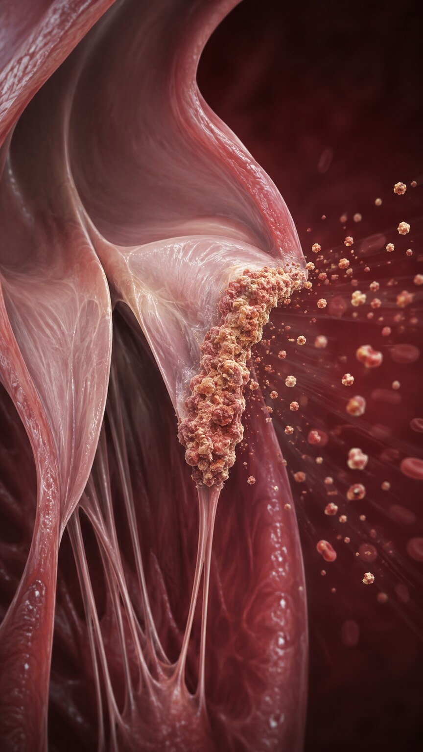 Medical illustration of bacterial vegetation growth on a heart valve characteristic of infective endocarditis