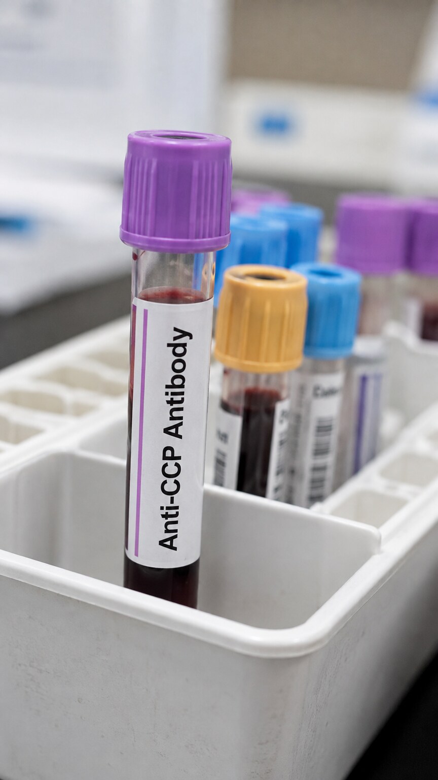 Labeled blood collection tube for an anti-CCP antibody test resting beside a phlebotomy tray