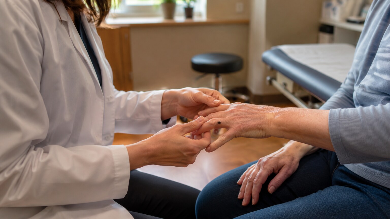 Rheumatologist examining a patient's hands and wrists for early signs of joint swelling during a follow-up visit